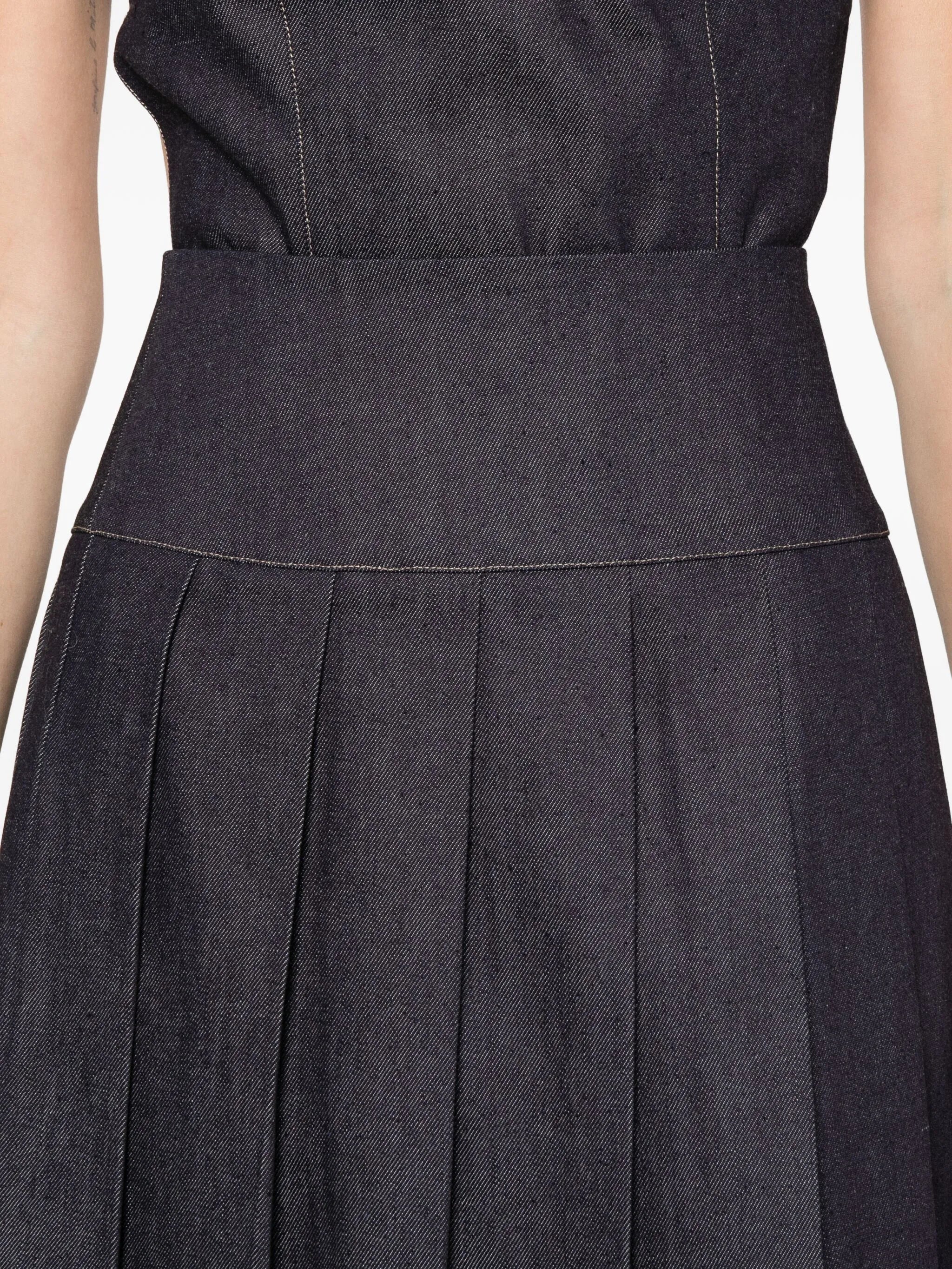 plissé-effect denim midi skirt