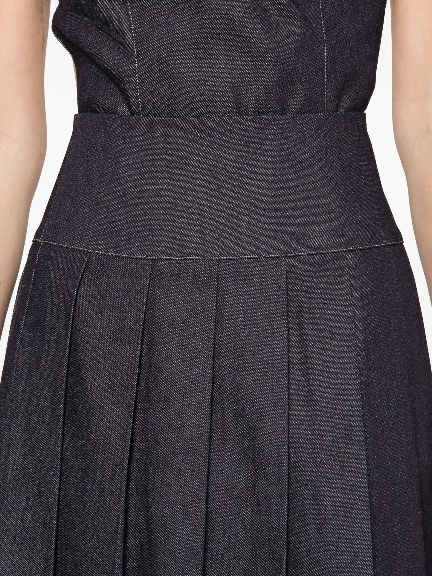 plissé-effect denim midi skirt
