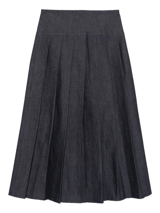 plissé-effect denim midi skirt