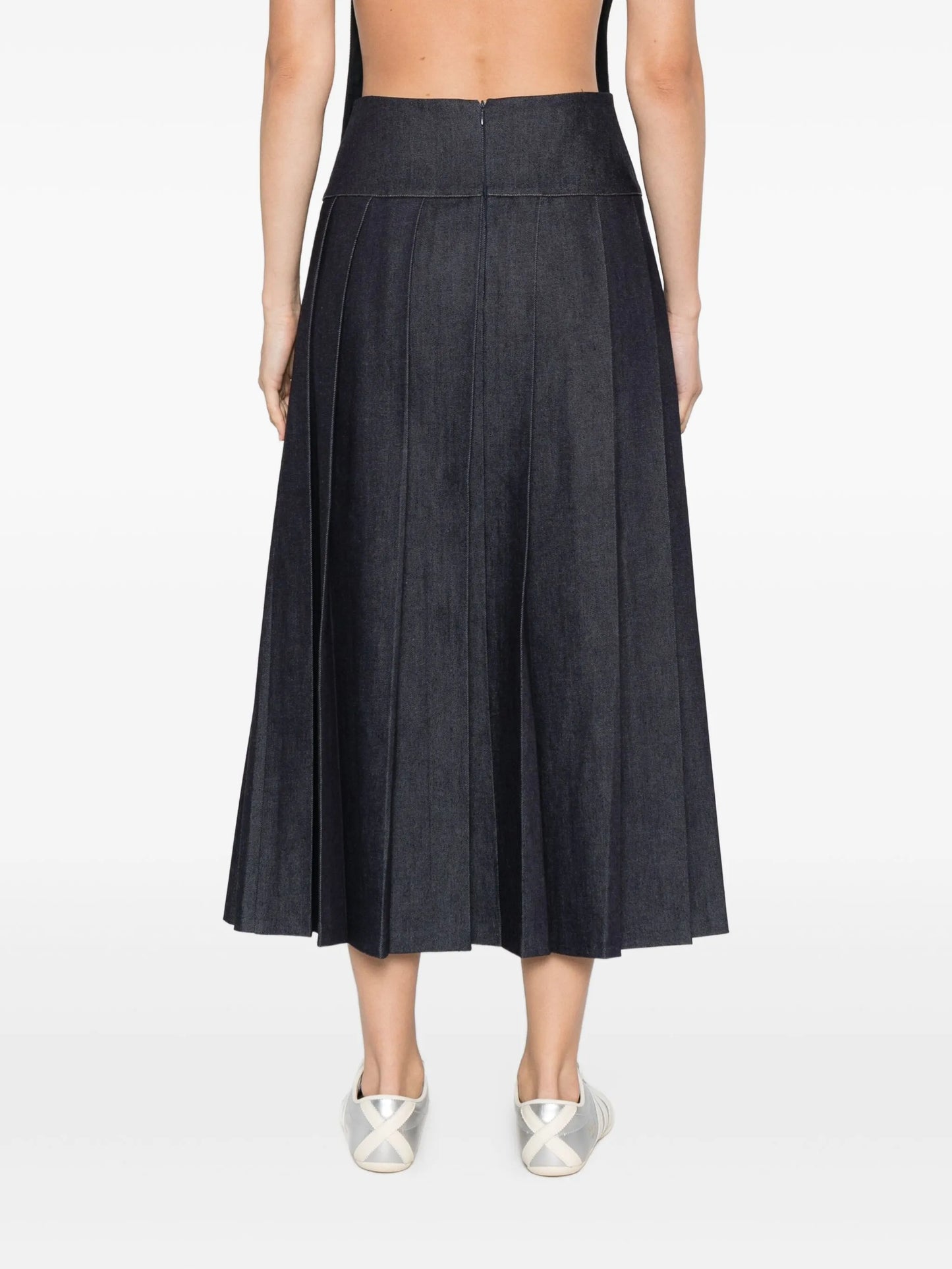 plissé-effect denim midi skirt