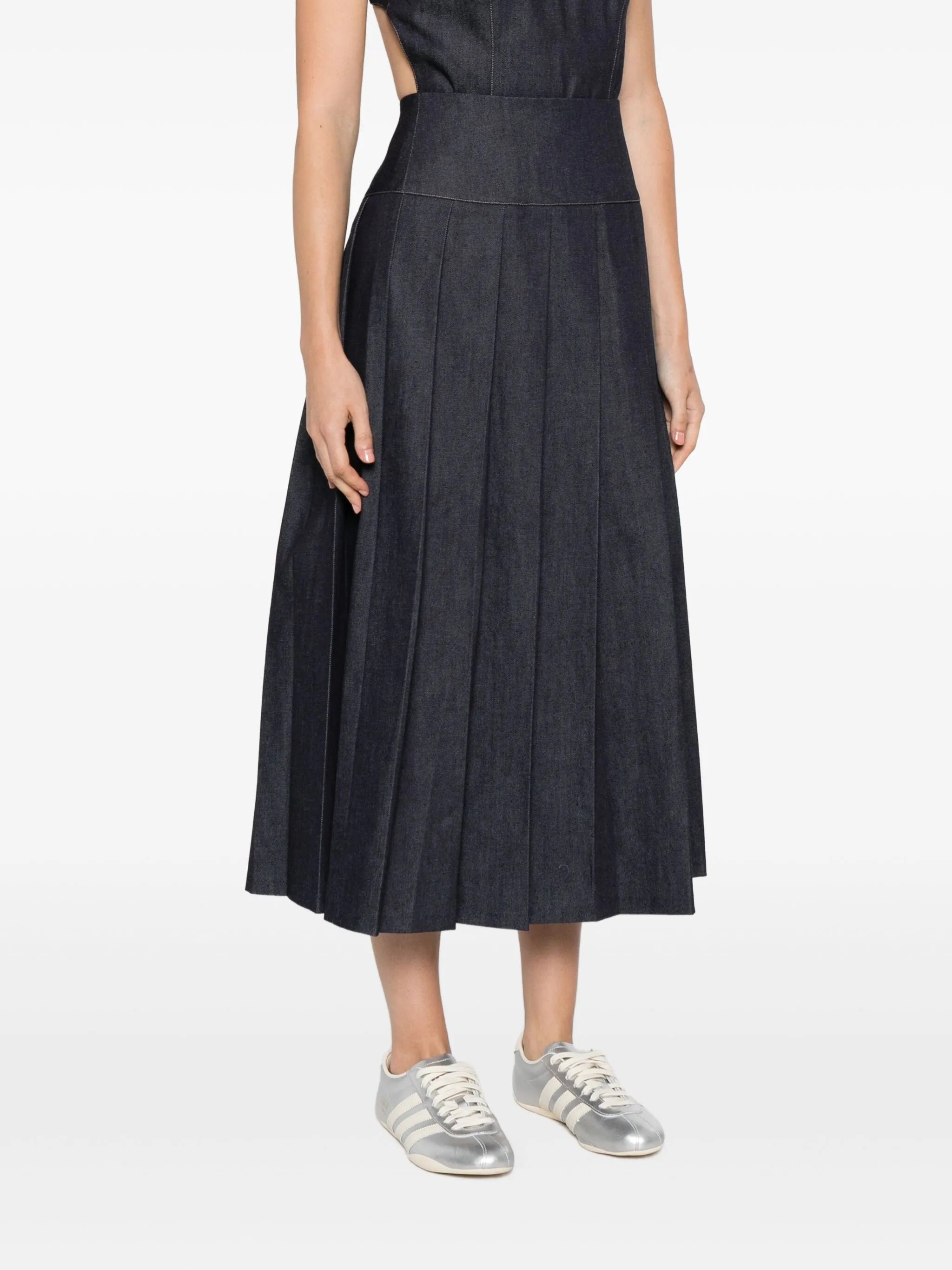 plissé-effect denim midi skirt