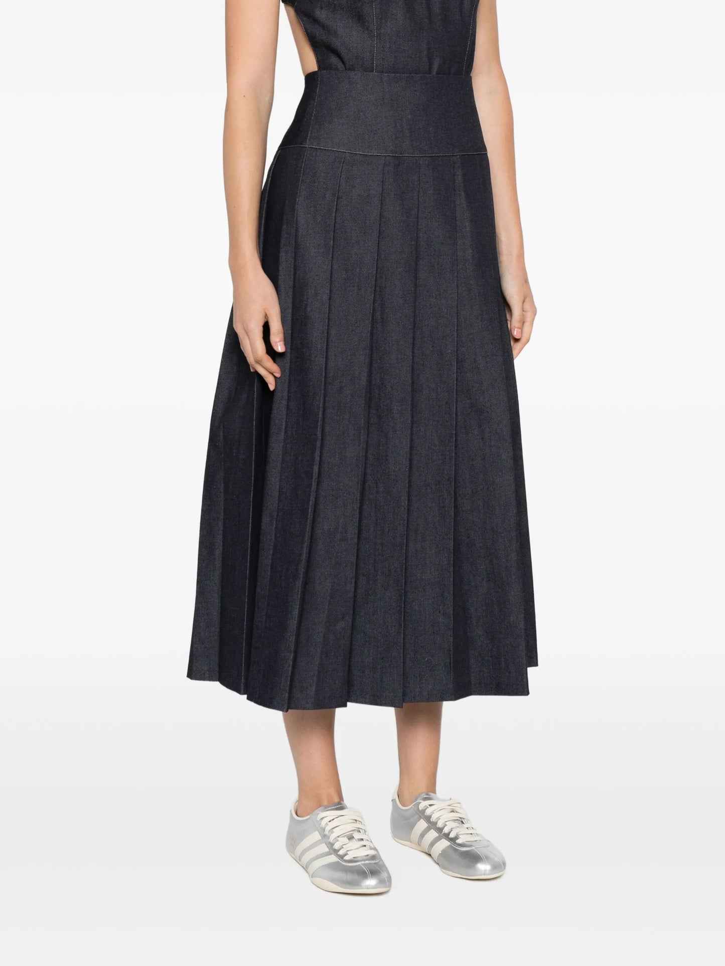 plissé-effect denim midi skirt