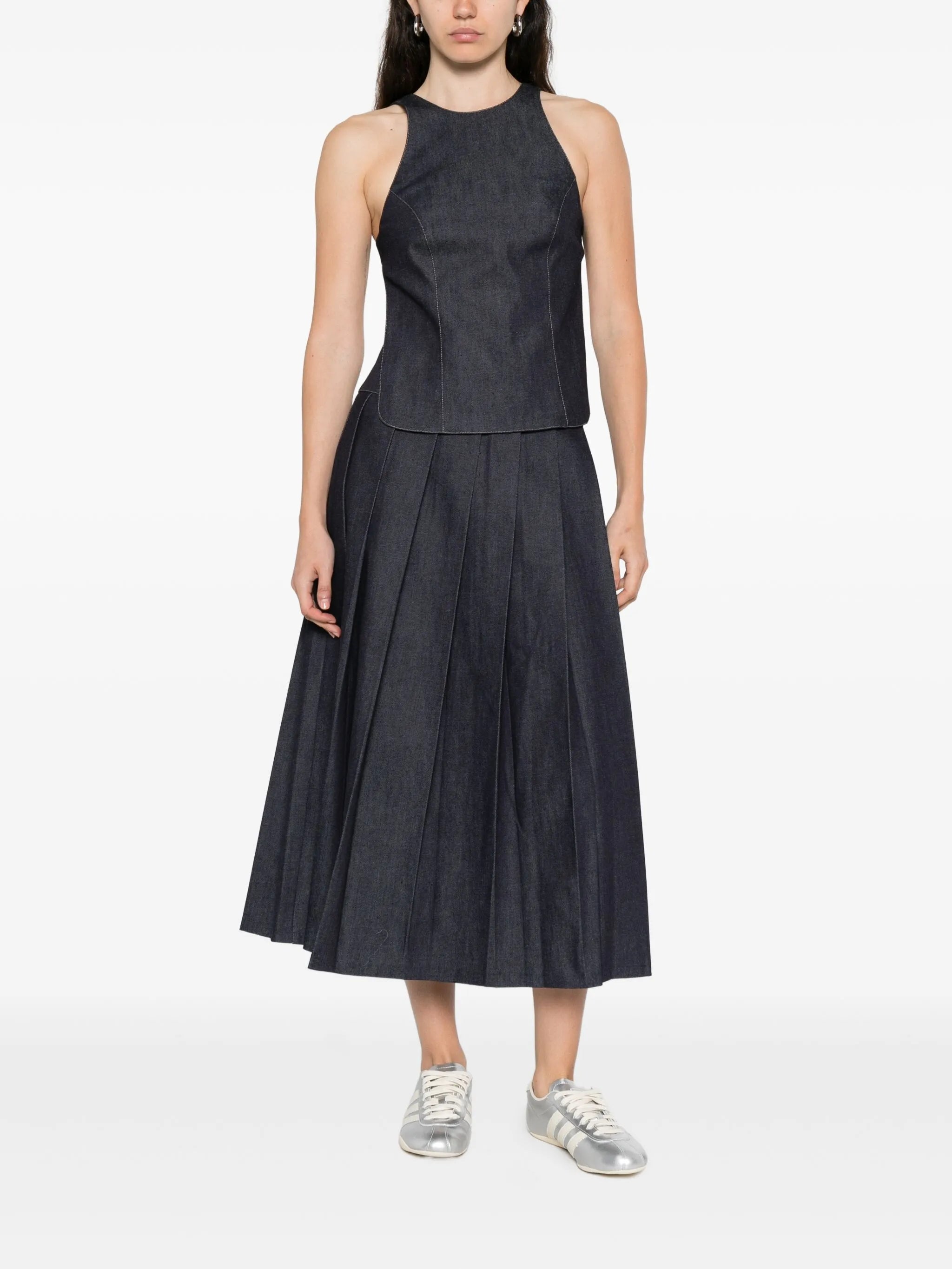 plissé-effect denim midi skirt