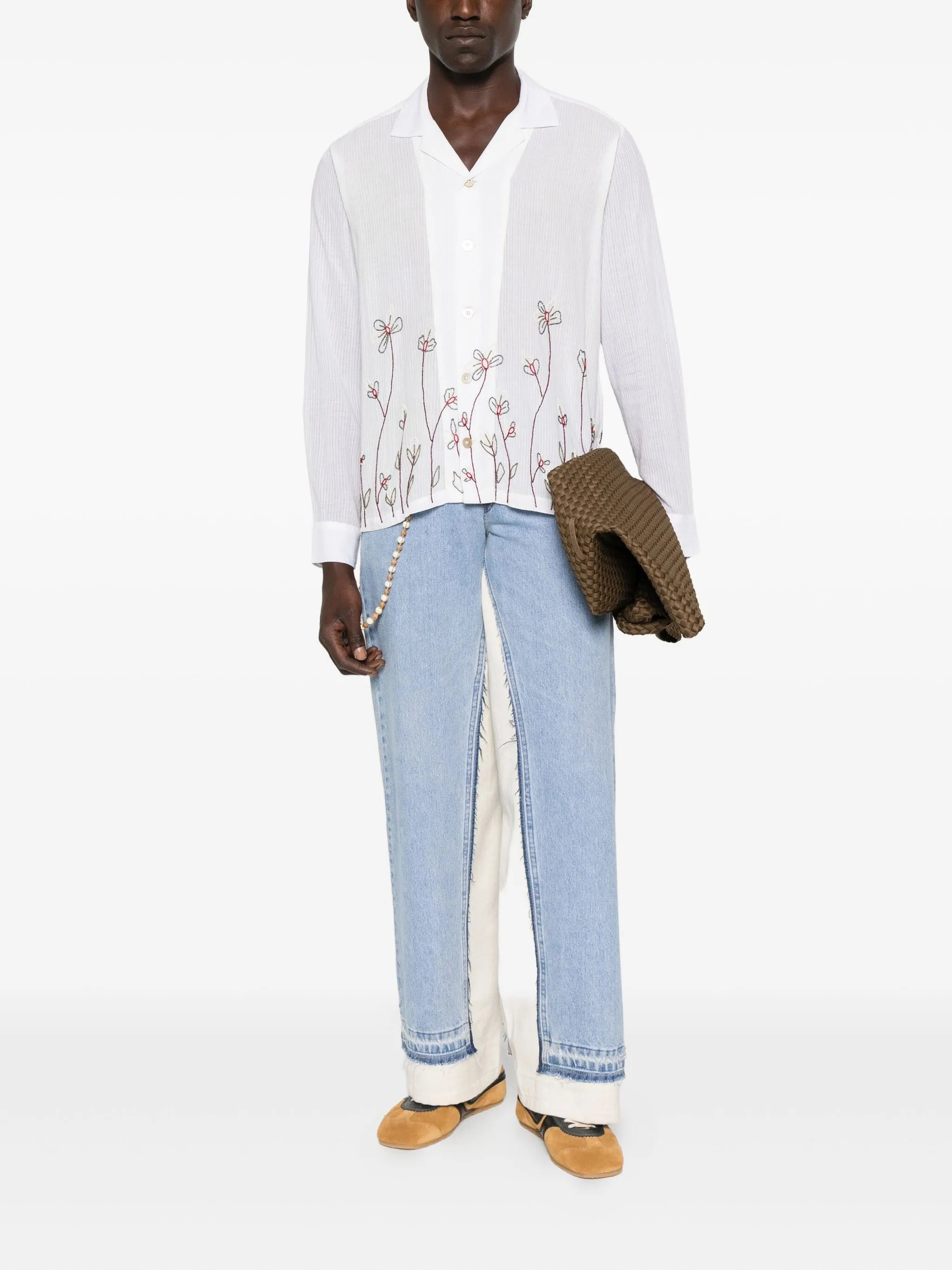 floral-embroidered camp-collar shirt