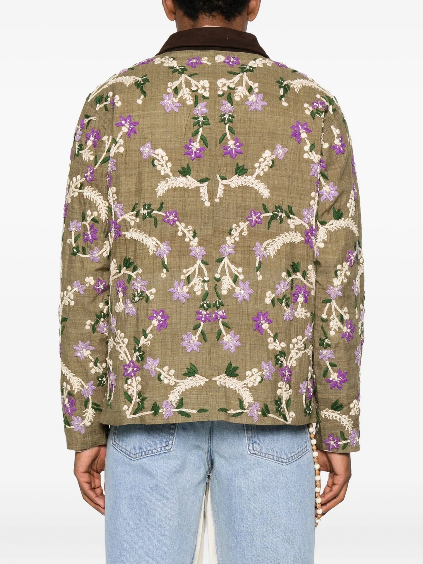 floral-embroidered suede-collar jacket