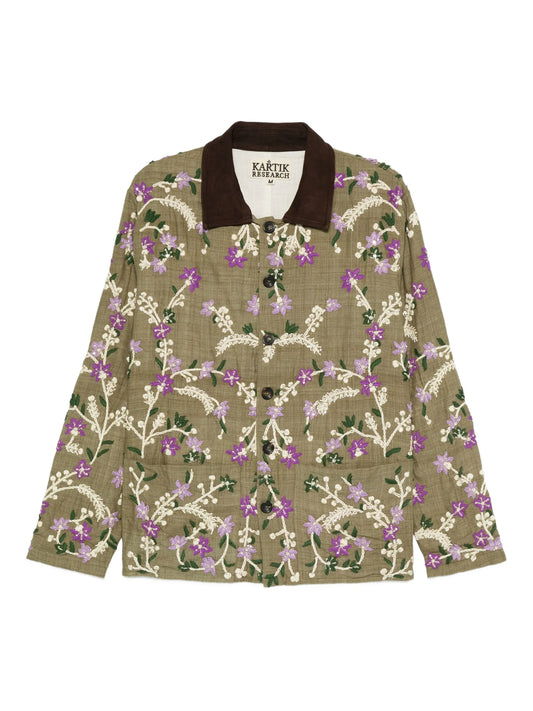 floral-embroidered suede-collar jacket