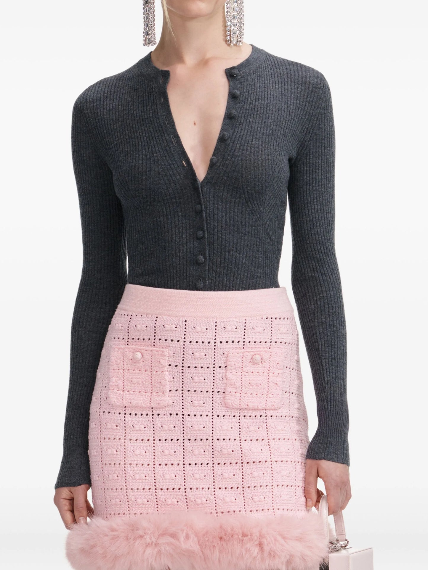 faux fur-hem knitted mini skirt