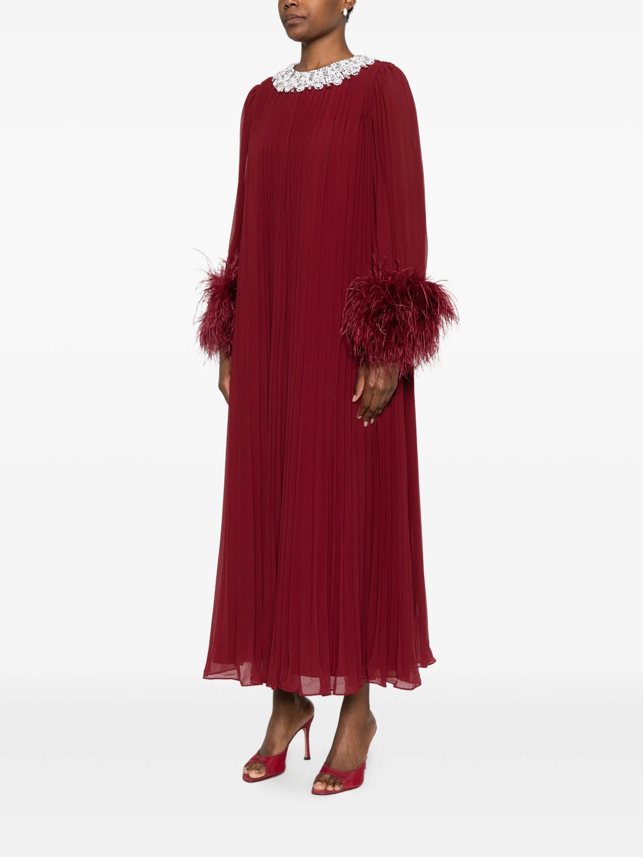 feather-trimmed chiffon midi dress