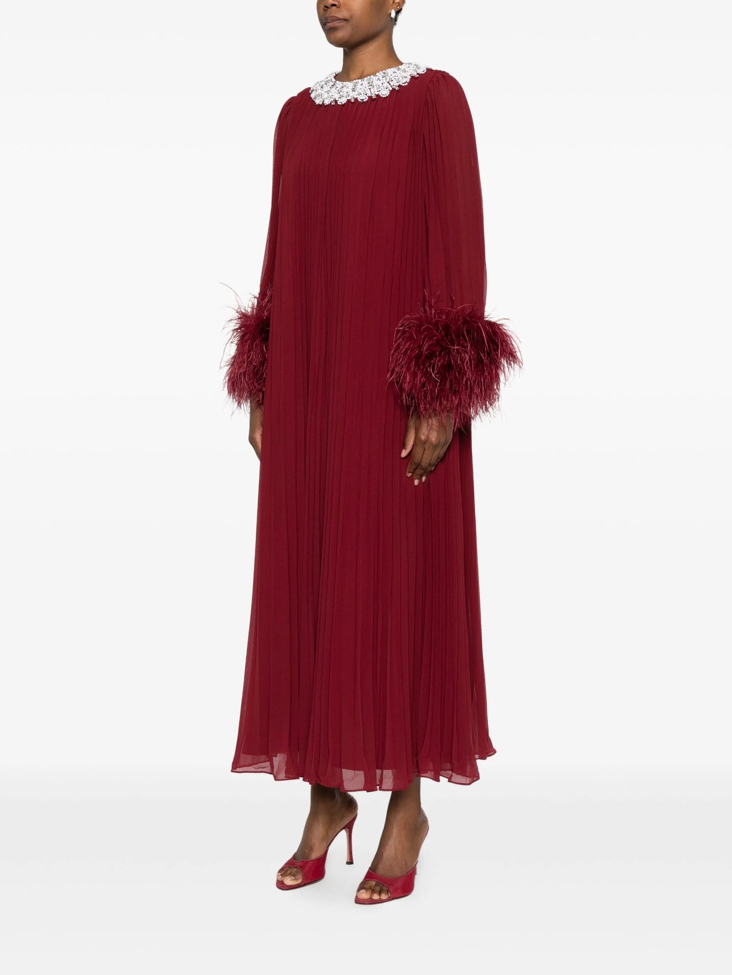 feather-trimmed chiffon midi dress