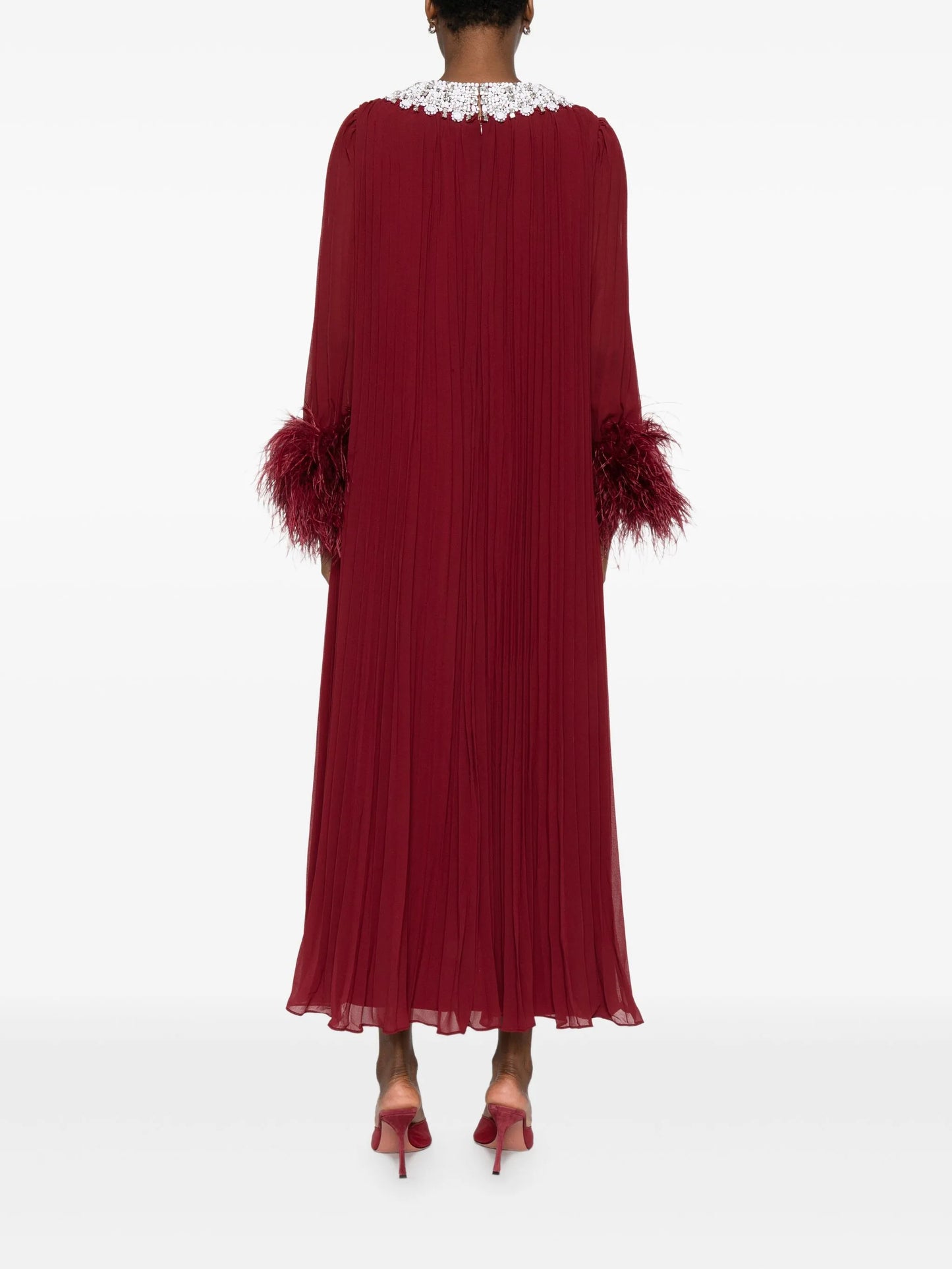 feather-trimmed chiffon midi dress