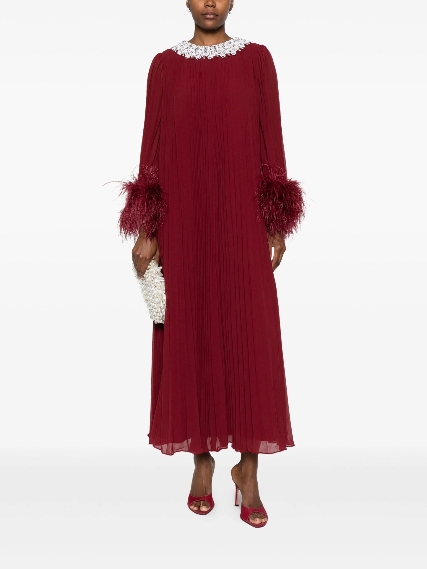 feather-trimmed chiffon midi dress