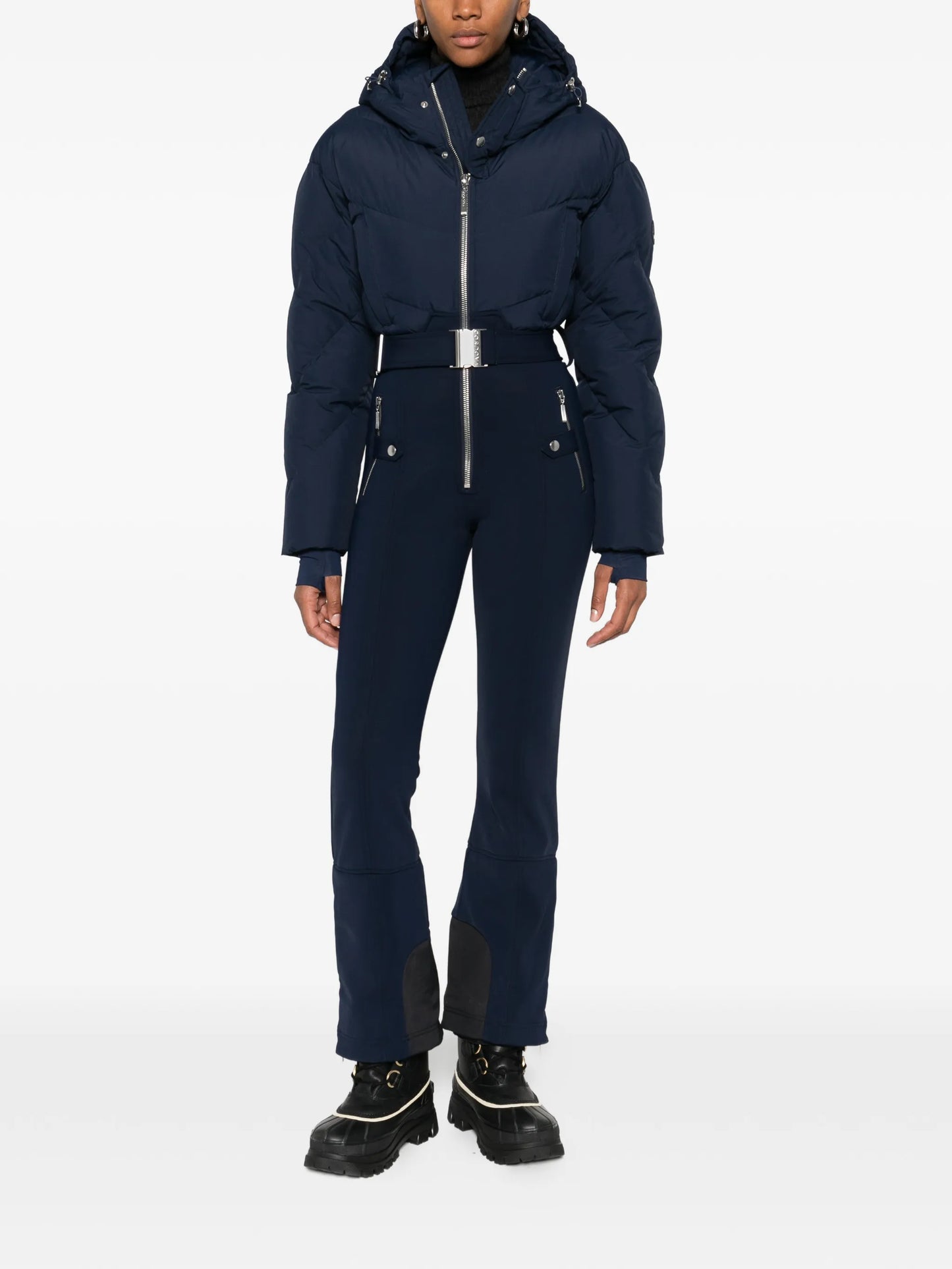 hooded belted-waist padded ski suit