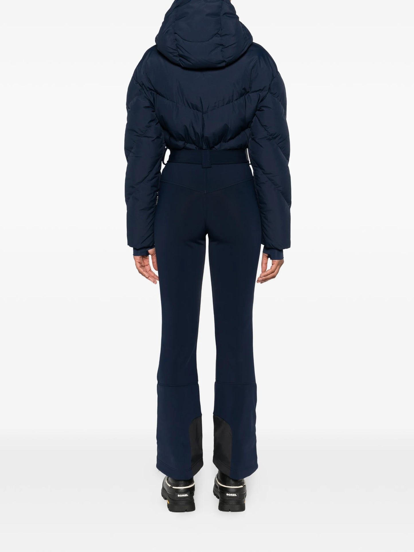 hooded belted-waist padded ski suit