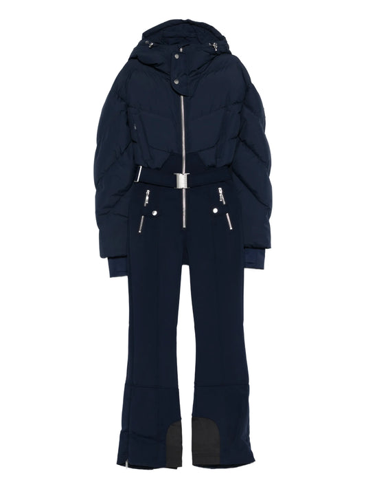hooded belted-waist padded ski suit