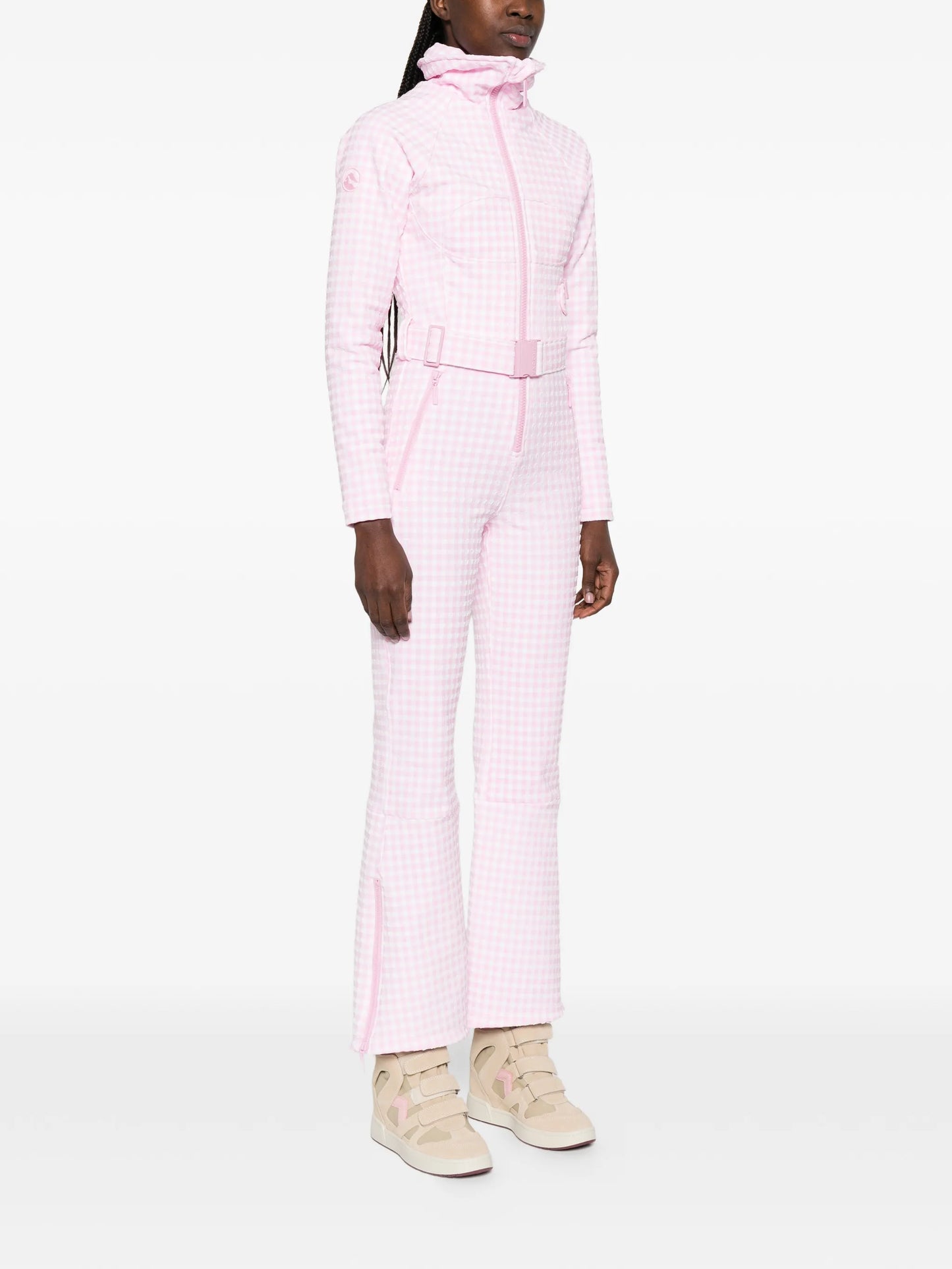 gingham-pattern belted ski suit