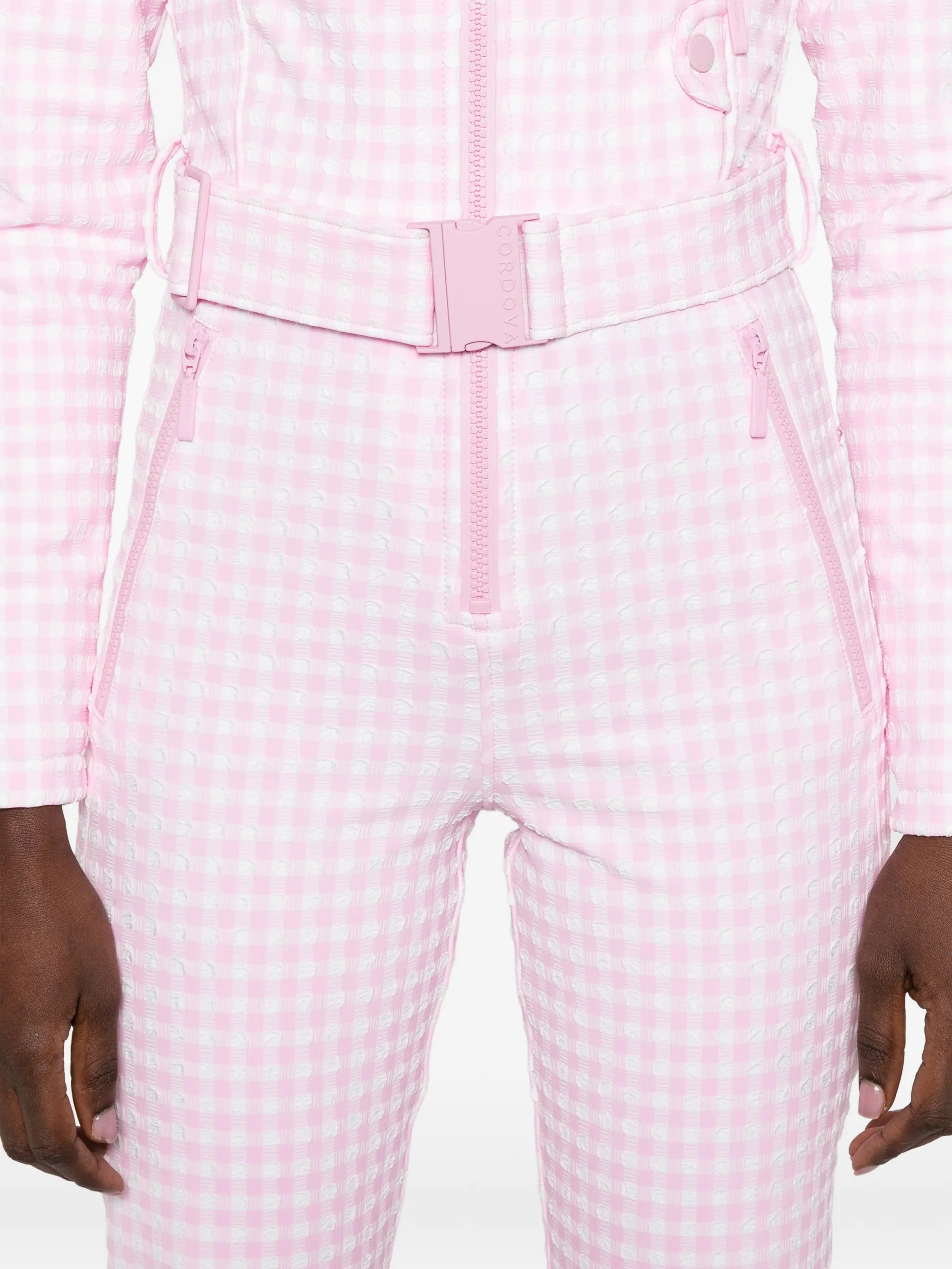 gingham-pattern belted ski suit