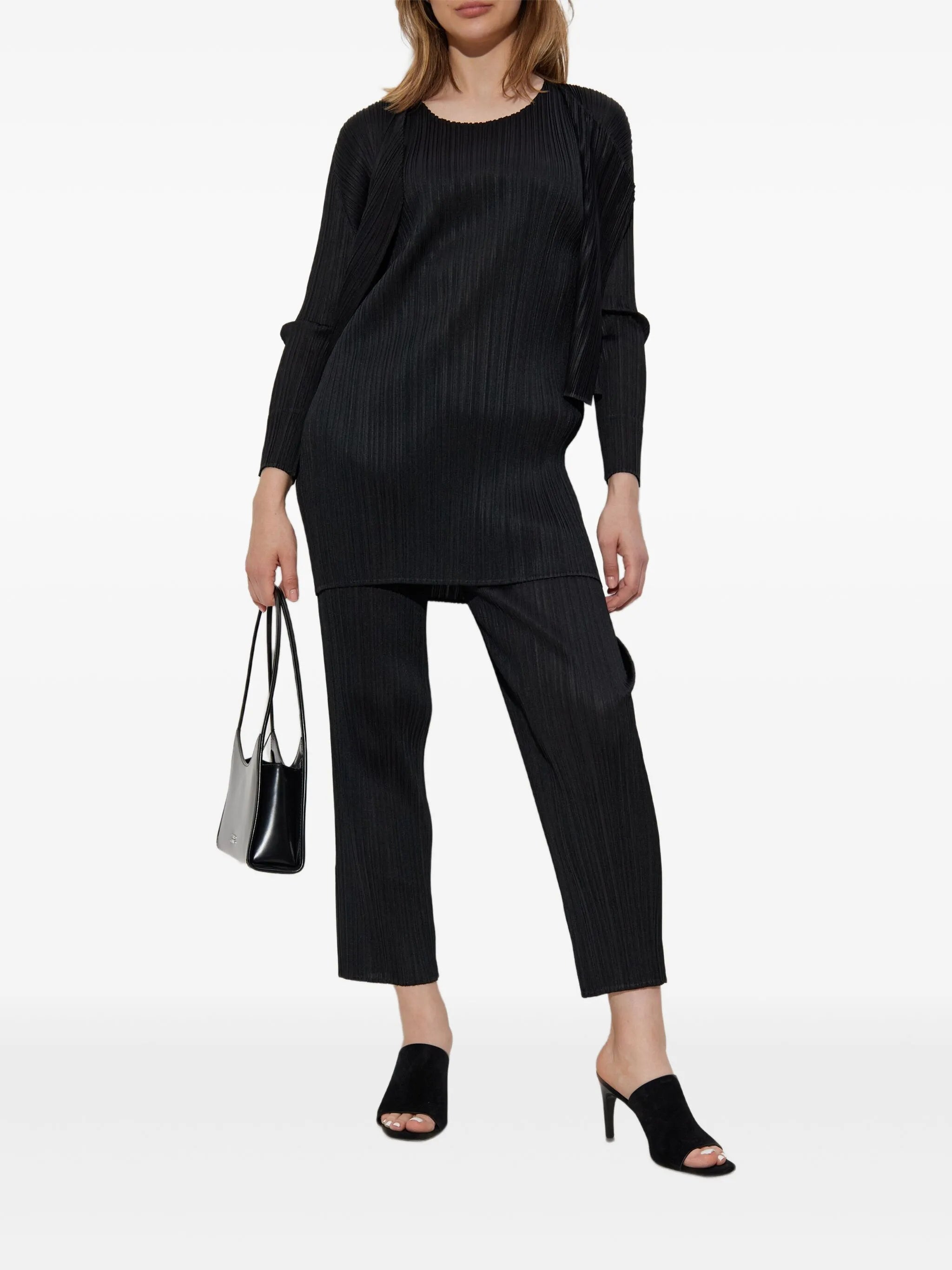 pleated open-front cardigan