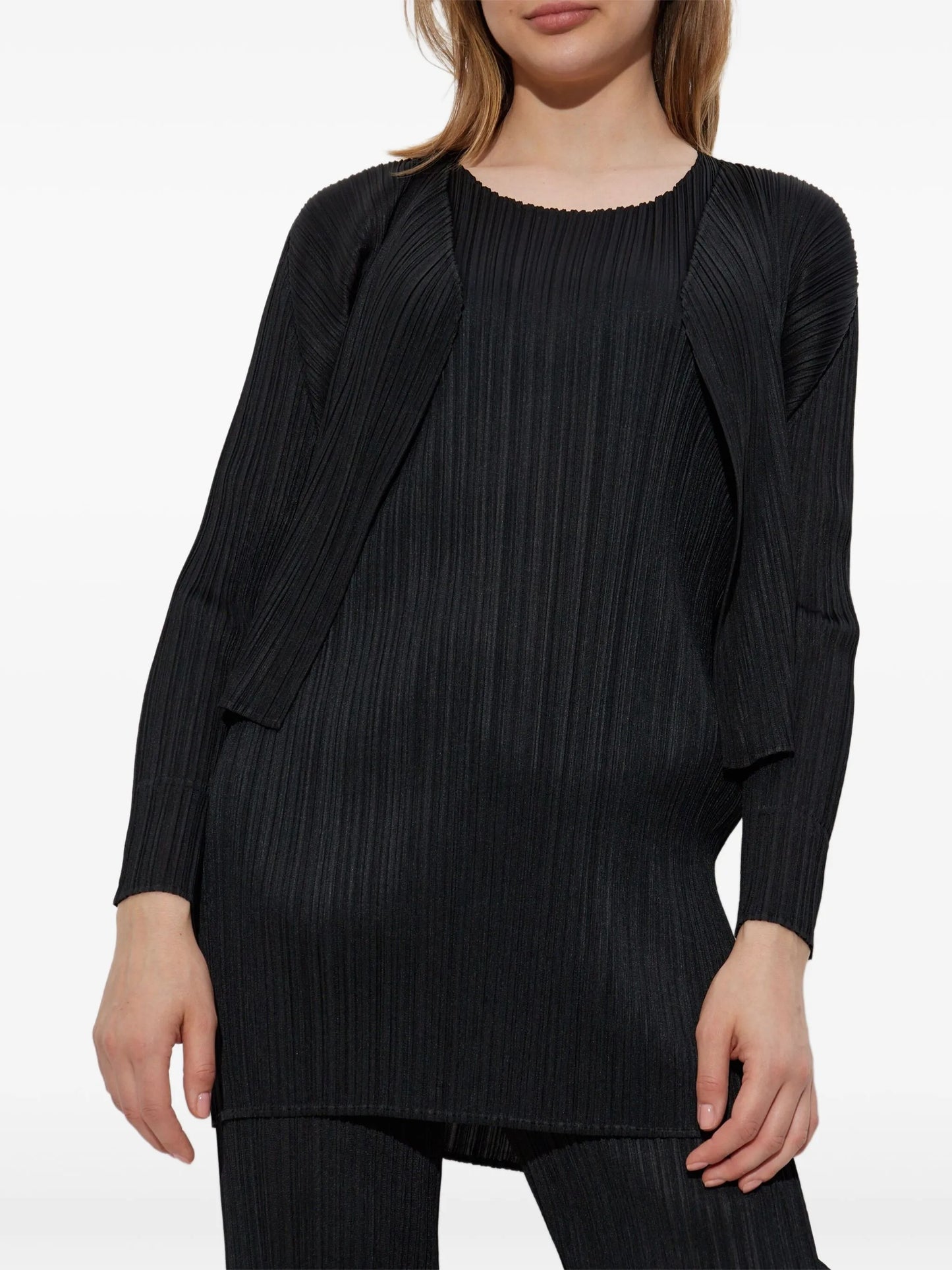 pleated open-front cardigan