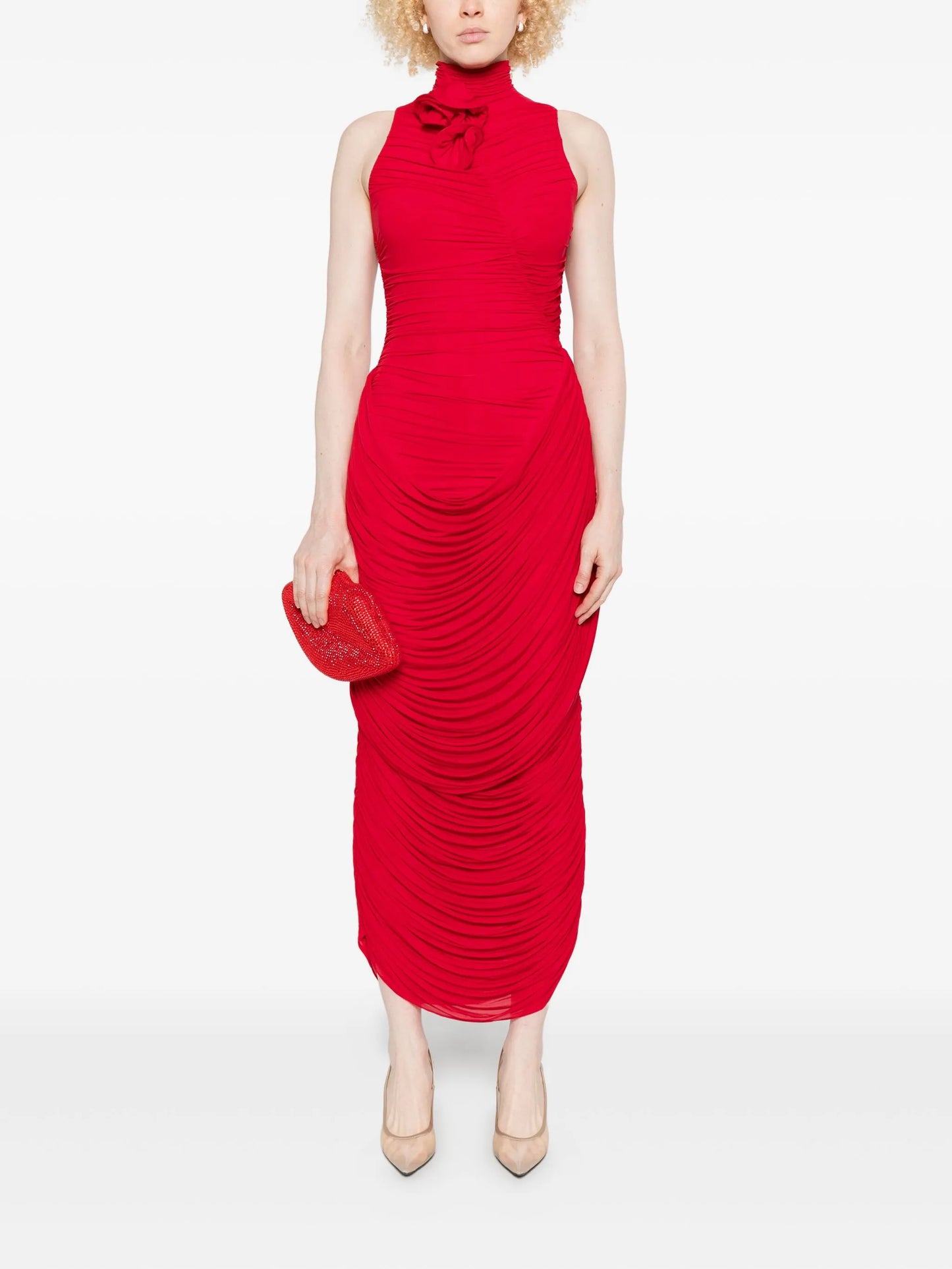 high-neck draped midi dress