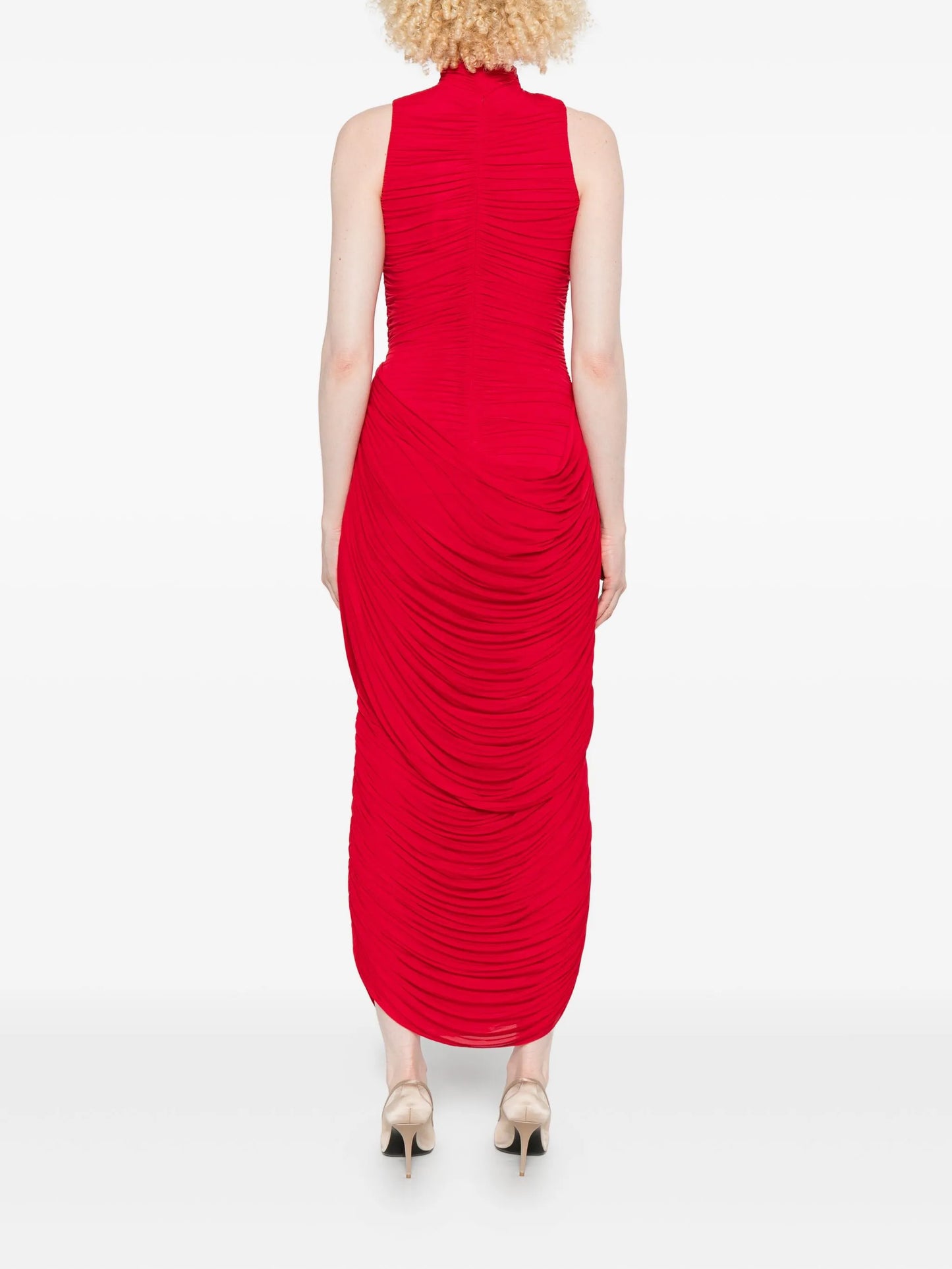 high-neck draped dress