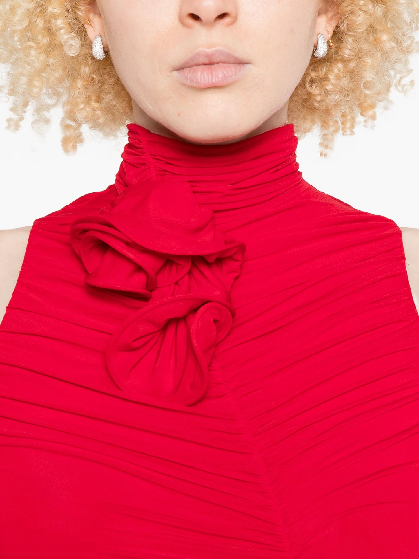 high-neck draped midi dress