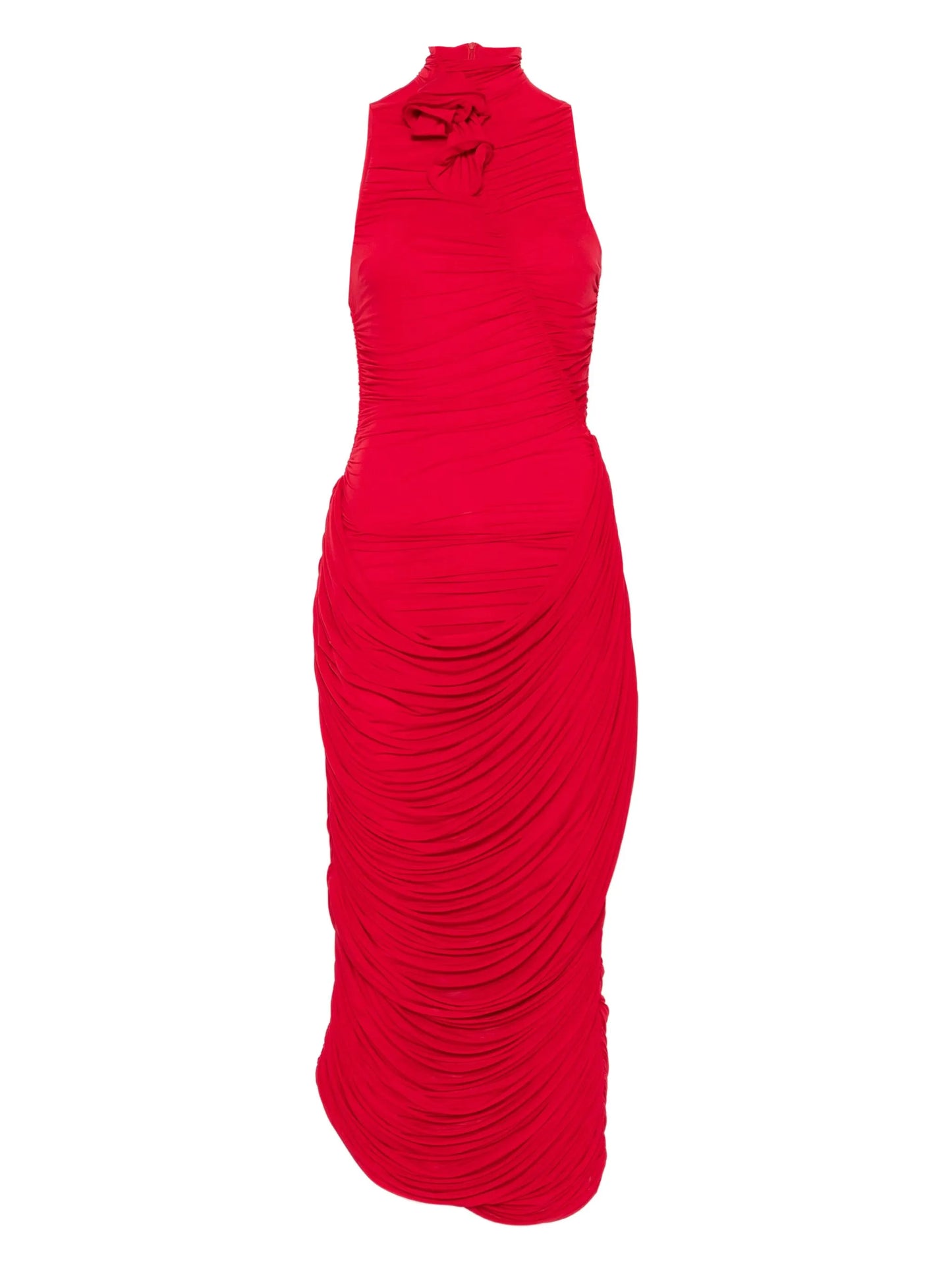 high-neck draped midi dress