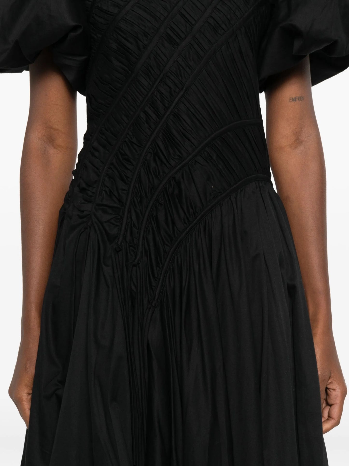 puff-sleeved smocked midi dress