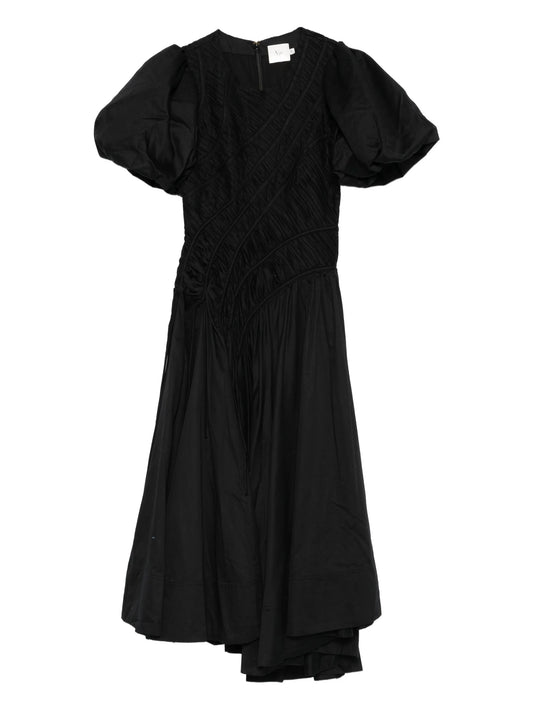 puff-sleeved smocked midi dress