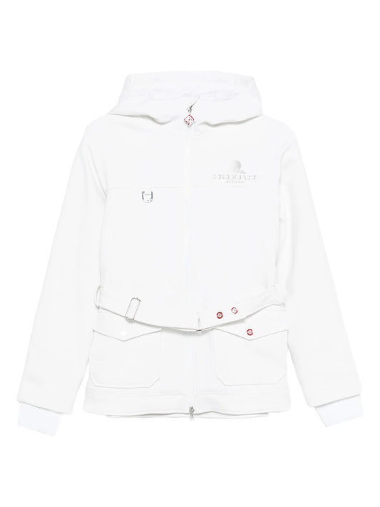 hooded belted ski jacket