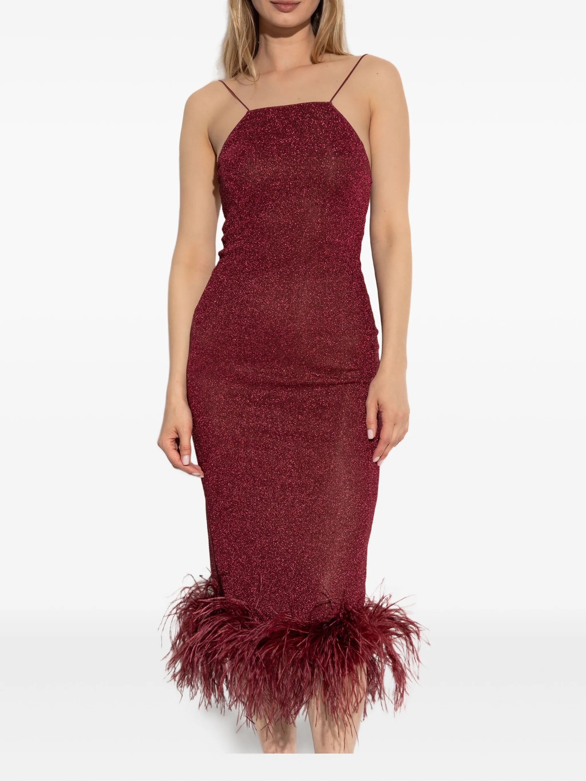 feather-trimmed sparkle midi dress