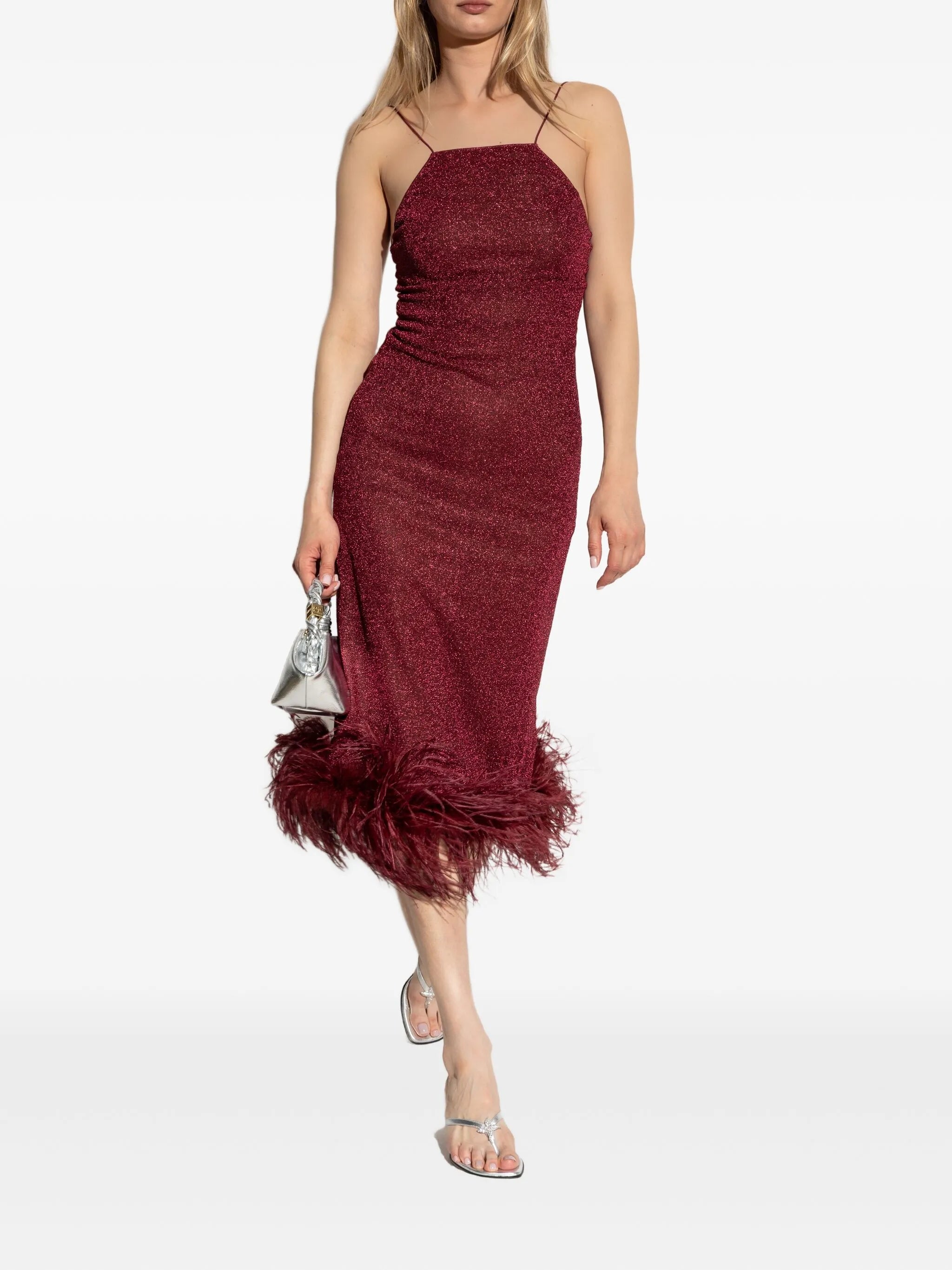 feather-trimmed sparkle midi dress