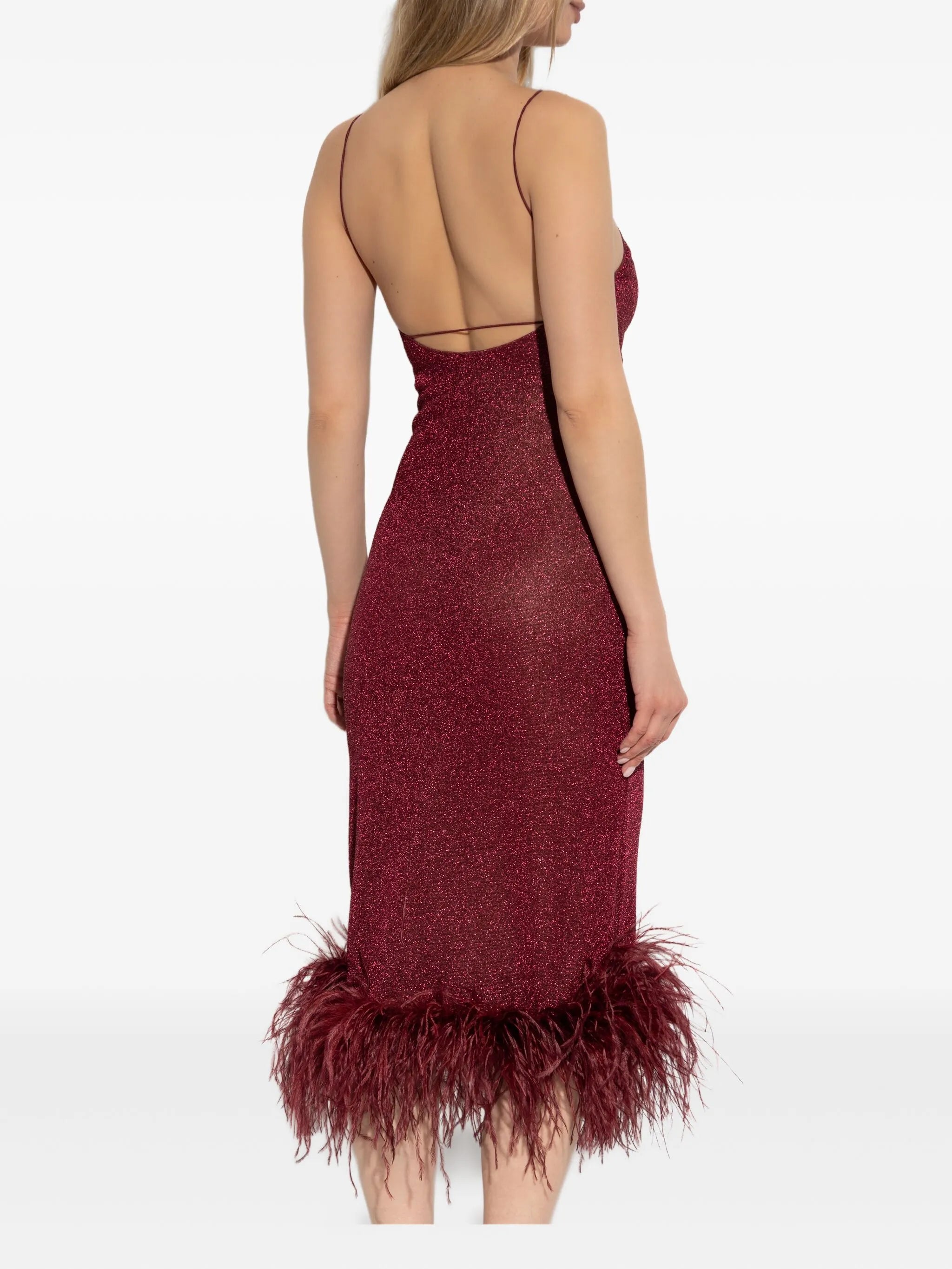 feather-trimmed sparkle midi dress