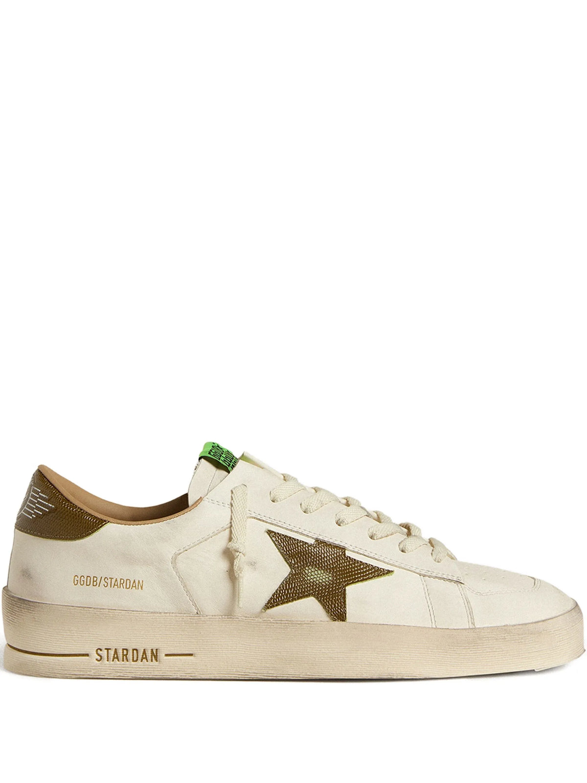 Stardan trainers in white leather with military-green snake-print leather star and heels tab