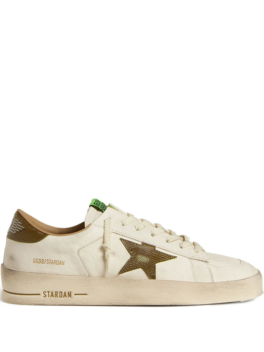Stardan trainers in white leather with military-green snake-print leather star and heels tab