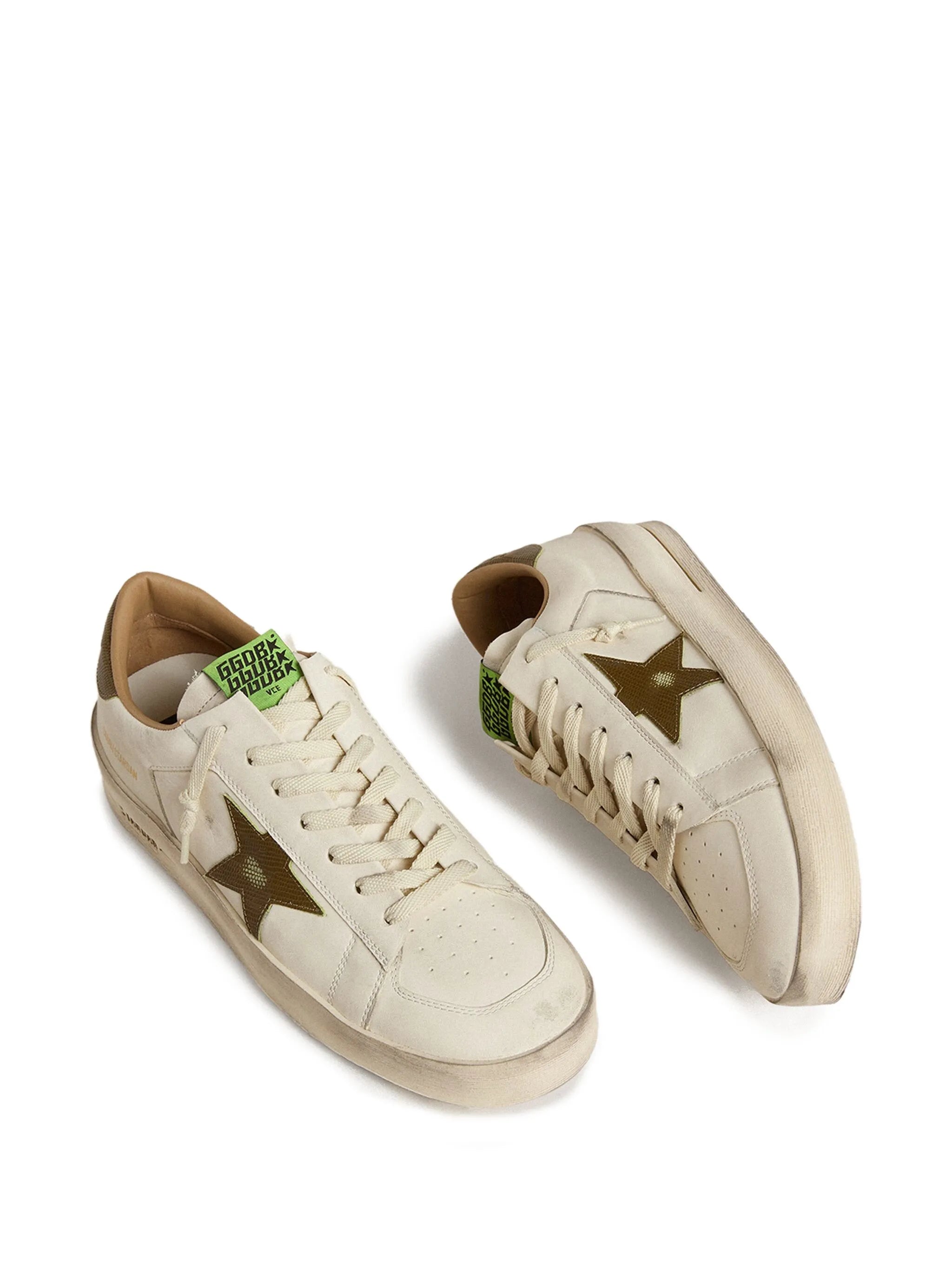 Stardan trainers in white leather with military-green snake-print leather star and heels tab