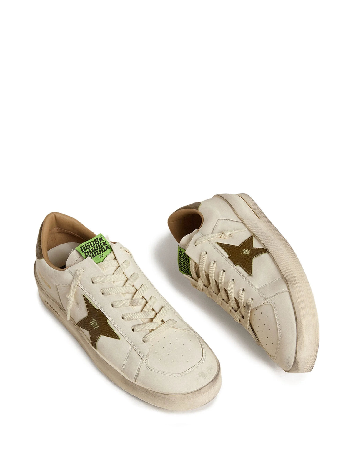 Stardan trainers in white leather with military-green snake-print leather star and heels tab
