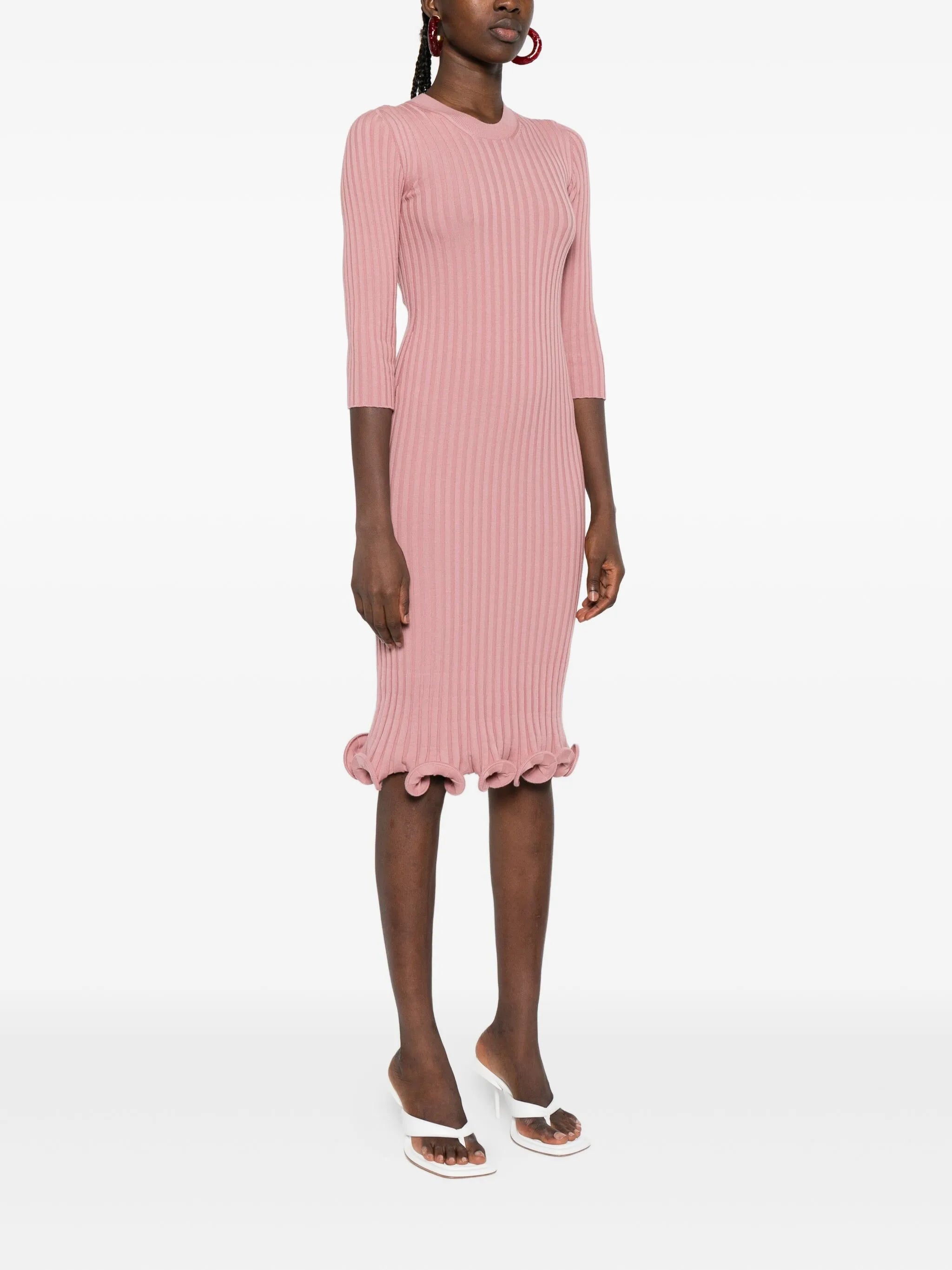 ribbed-knit ruffled midi dress