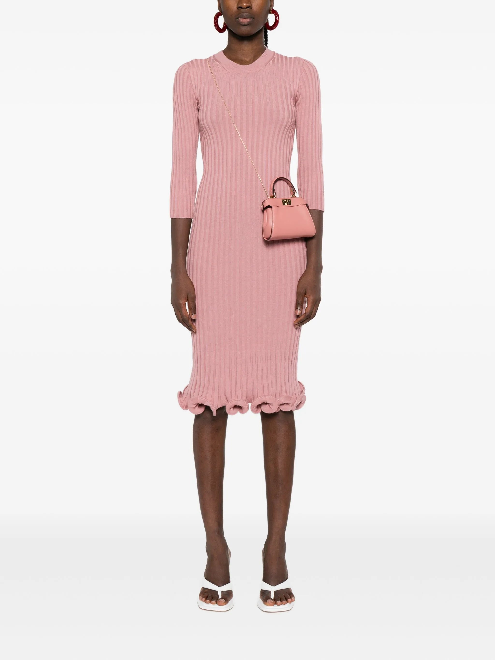 ribbed-knit ruffled midi dress