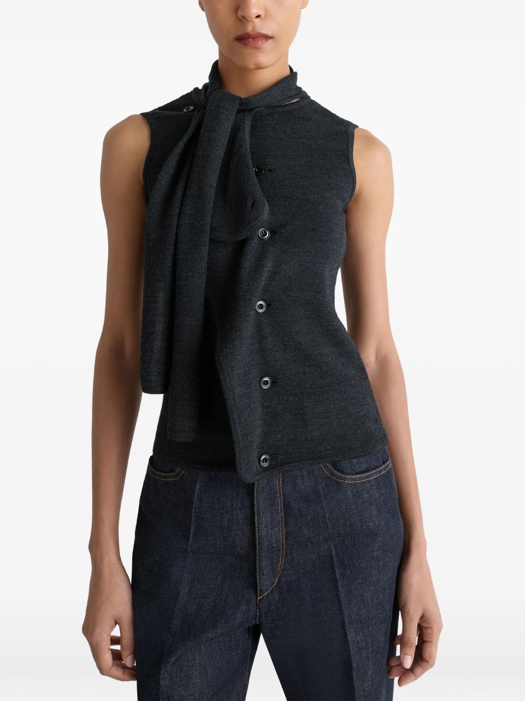 tie-neck asymmetrical sleeveless cardigan