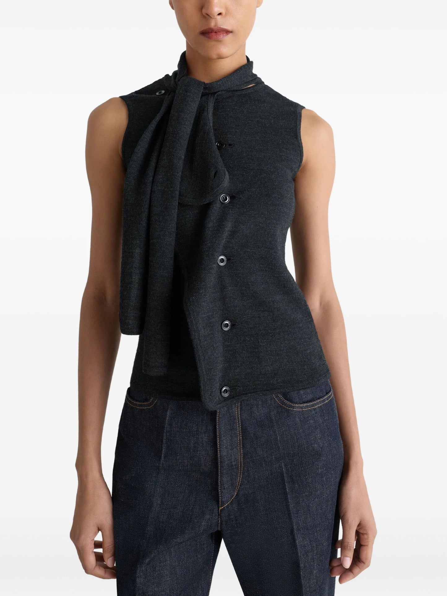 tie-neck asymmetrical sleeveless cardigan
