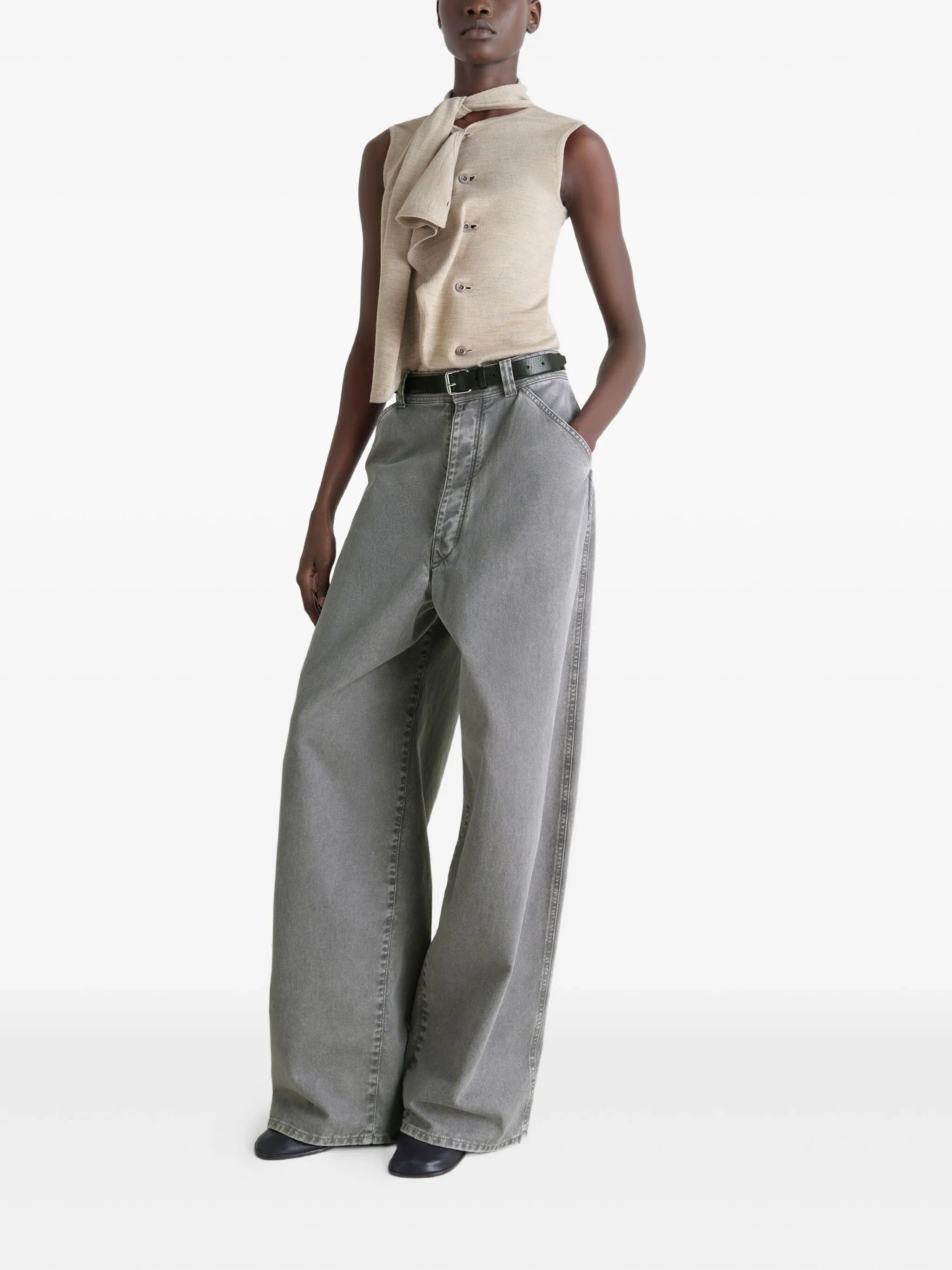 tie-neck asymmetrical-design knitted top