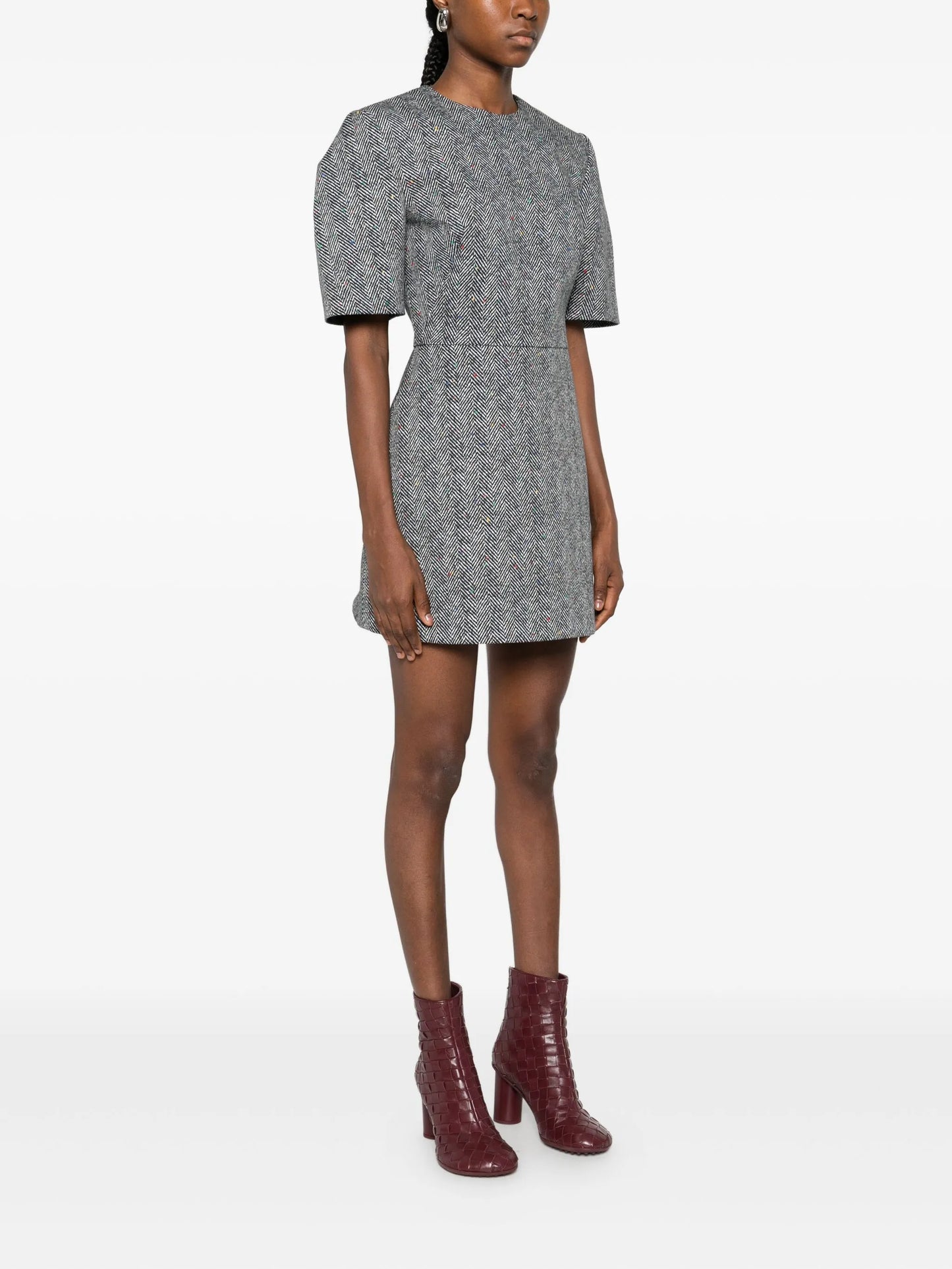 short-sleeve herringbone mini dress