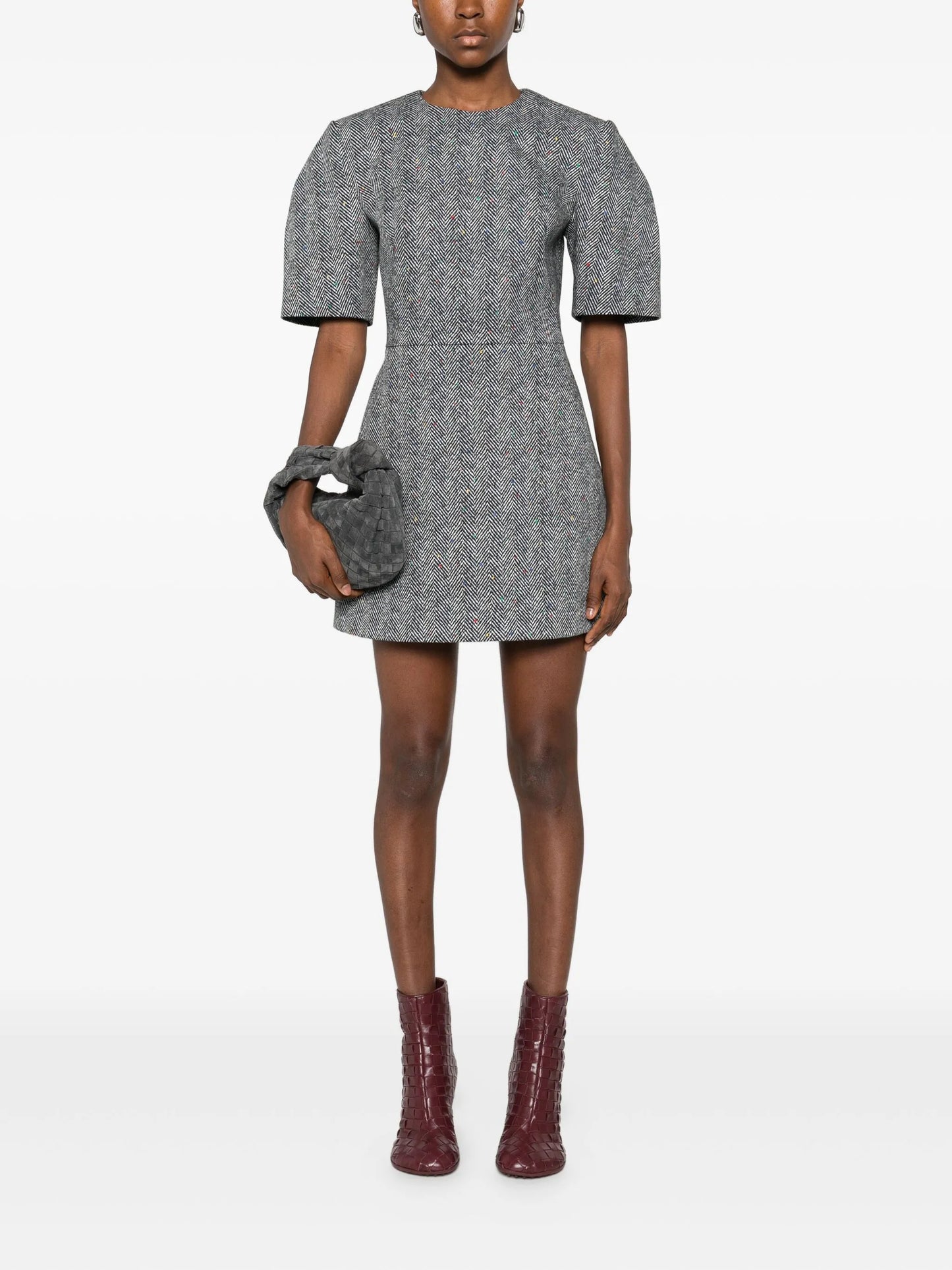 short-sleeve herringbone mini dress