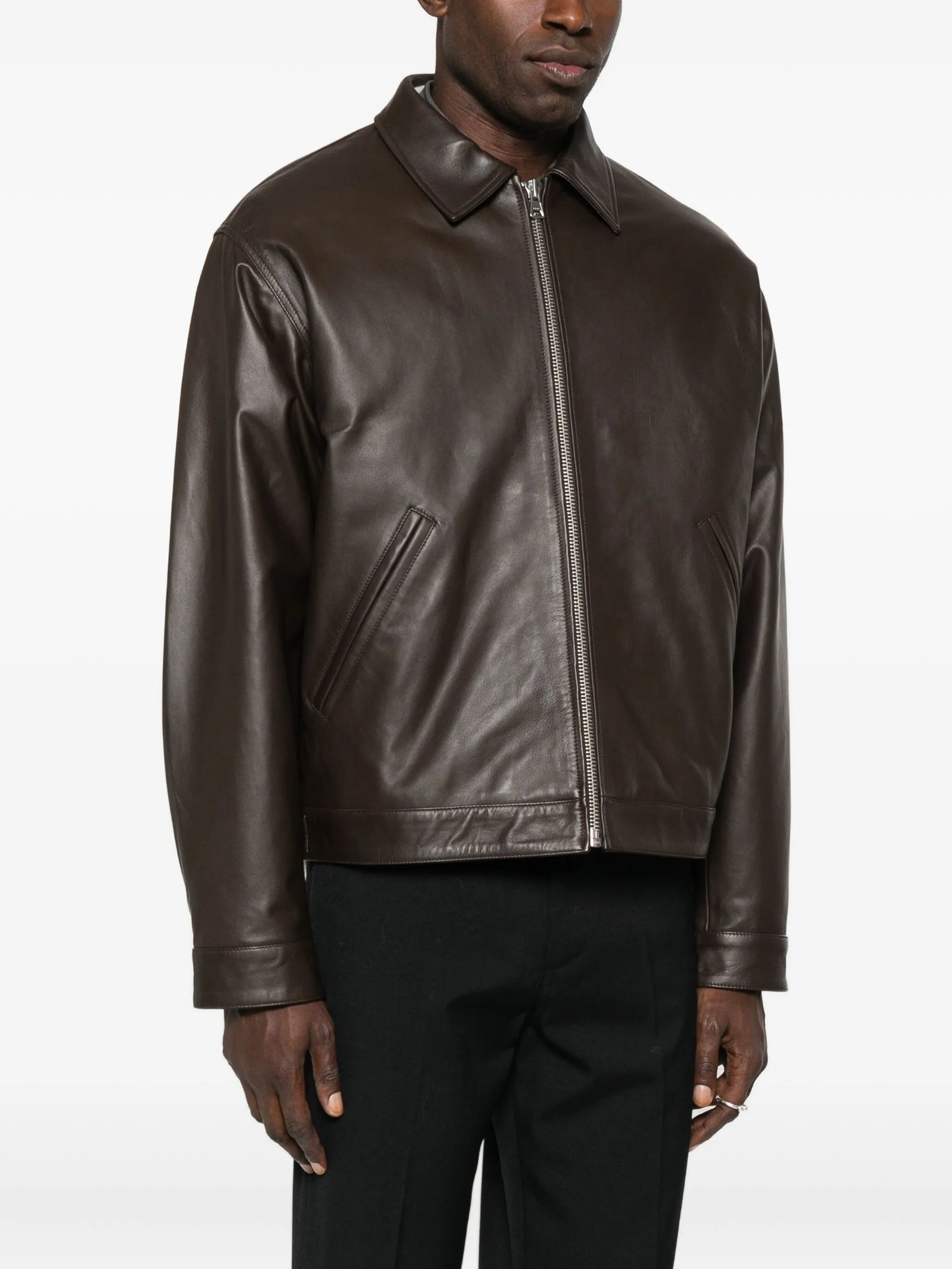 zip-front welt-pocket leather jacket