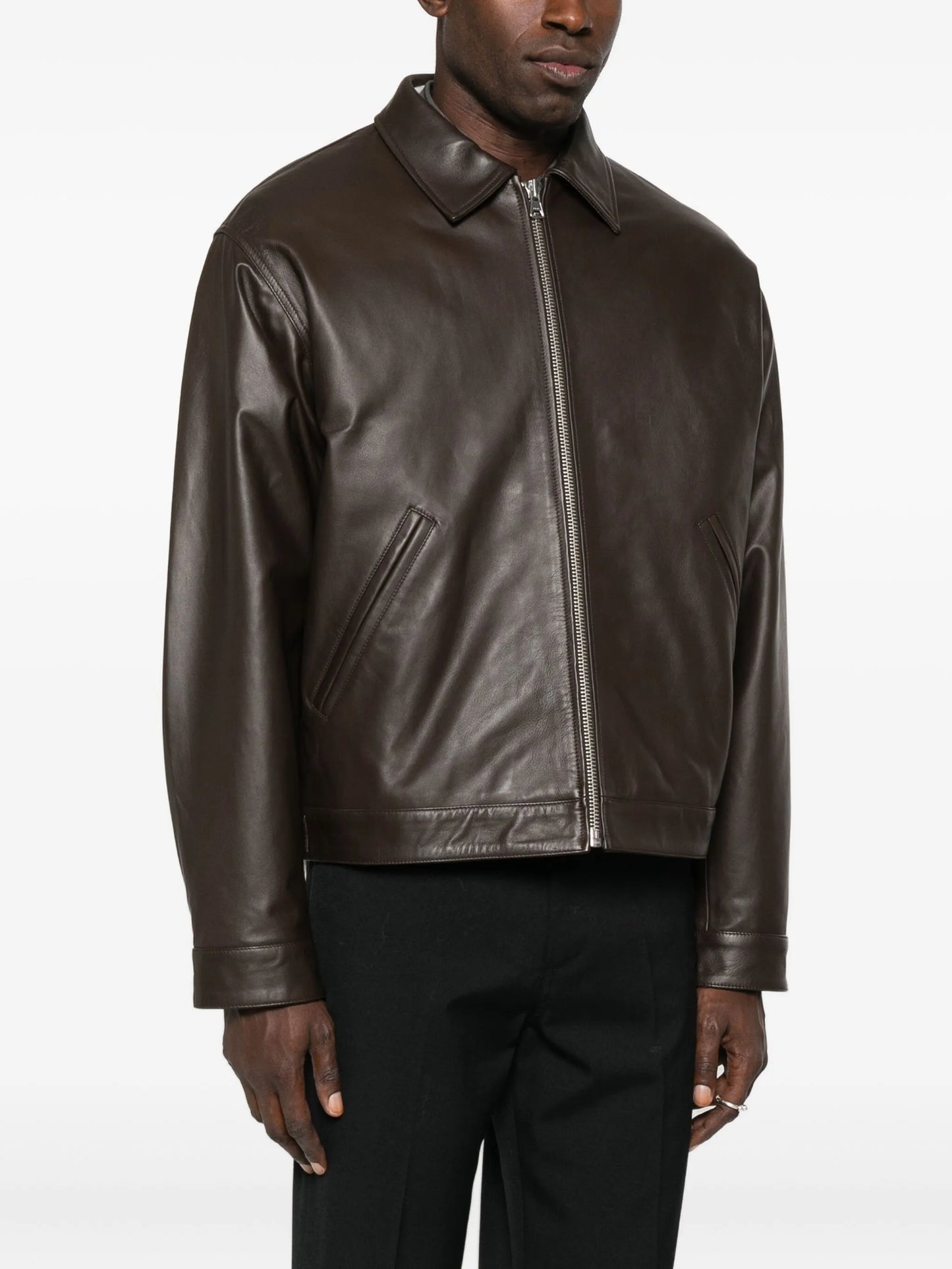 zip-front welt-pocket leather jacket