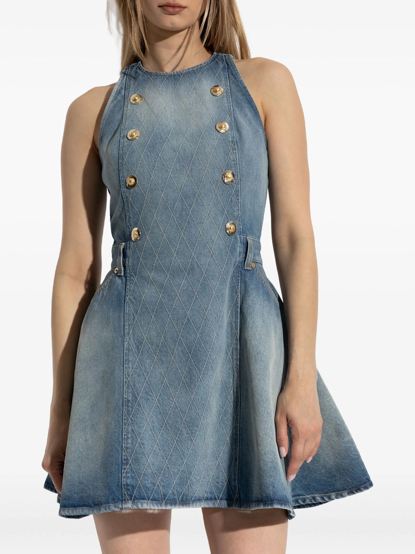 button-embellished denim dress