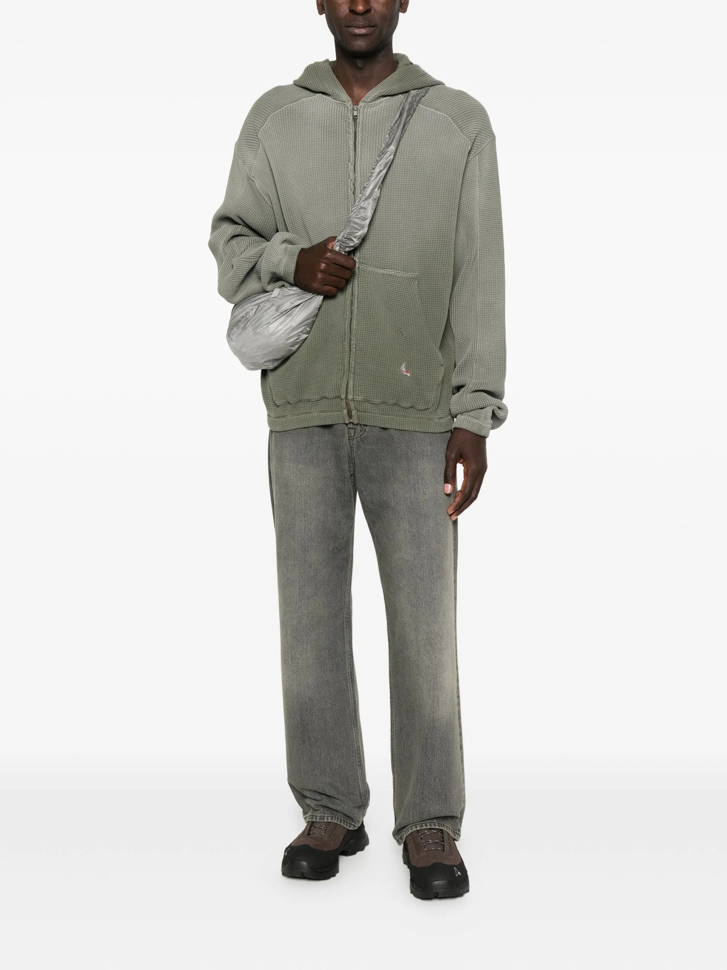 waffle-texture zip-up hoodie