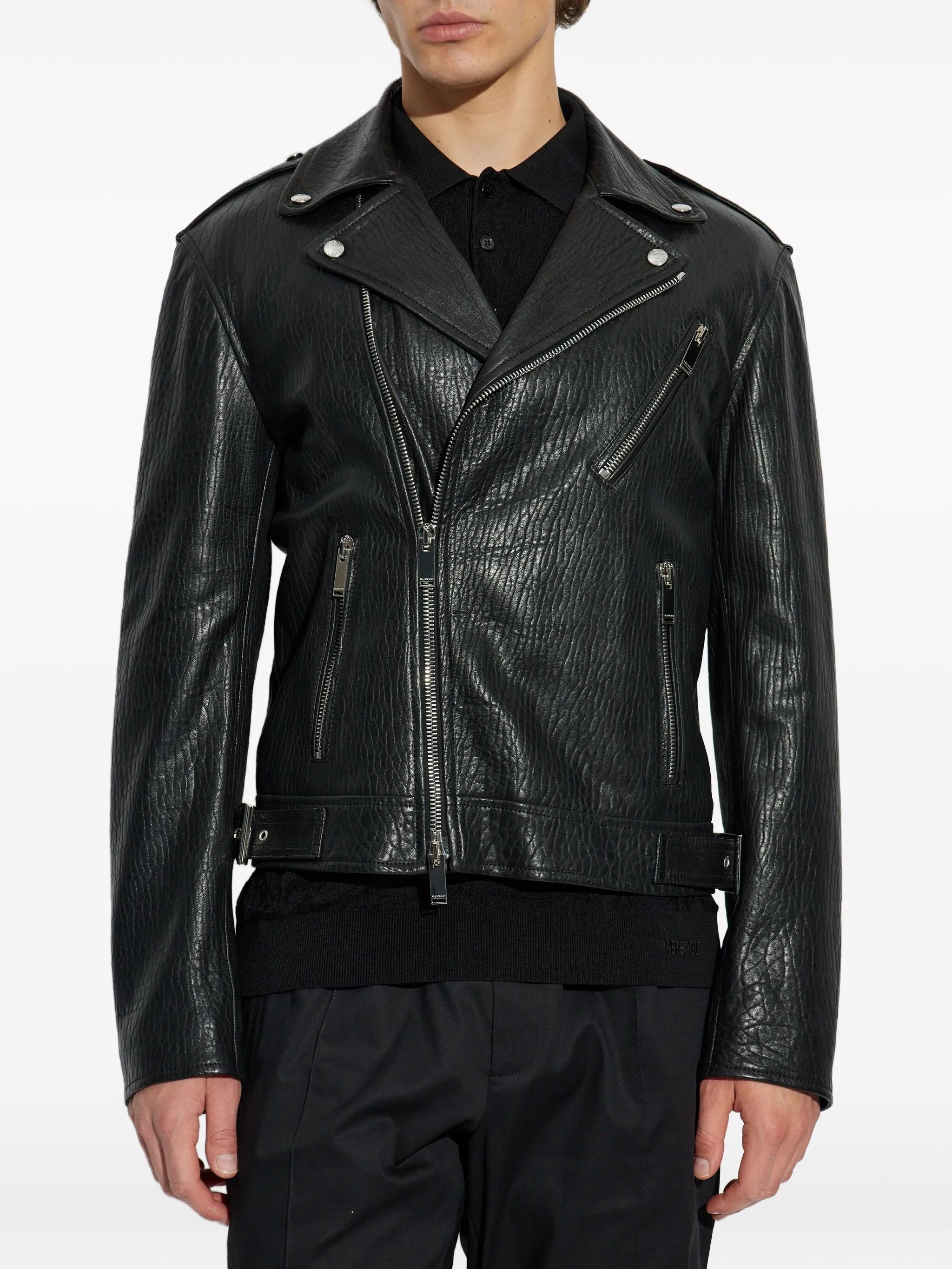 textured leather biker jacket