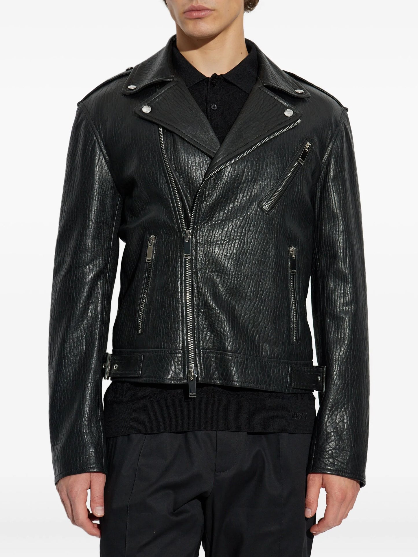 textured leather biker jacket