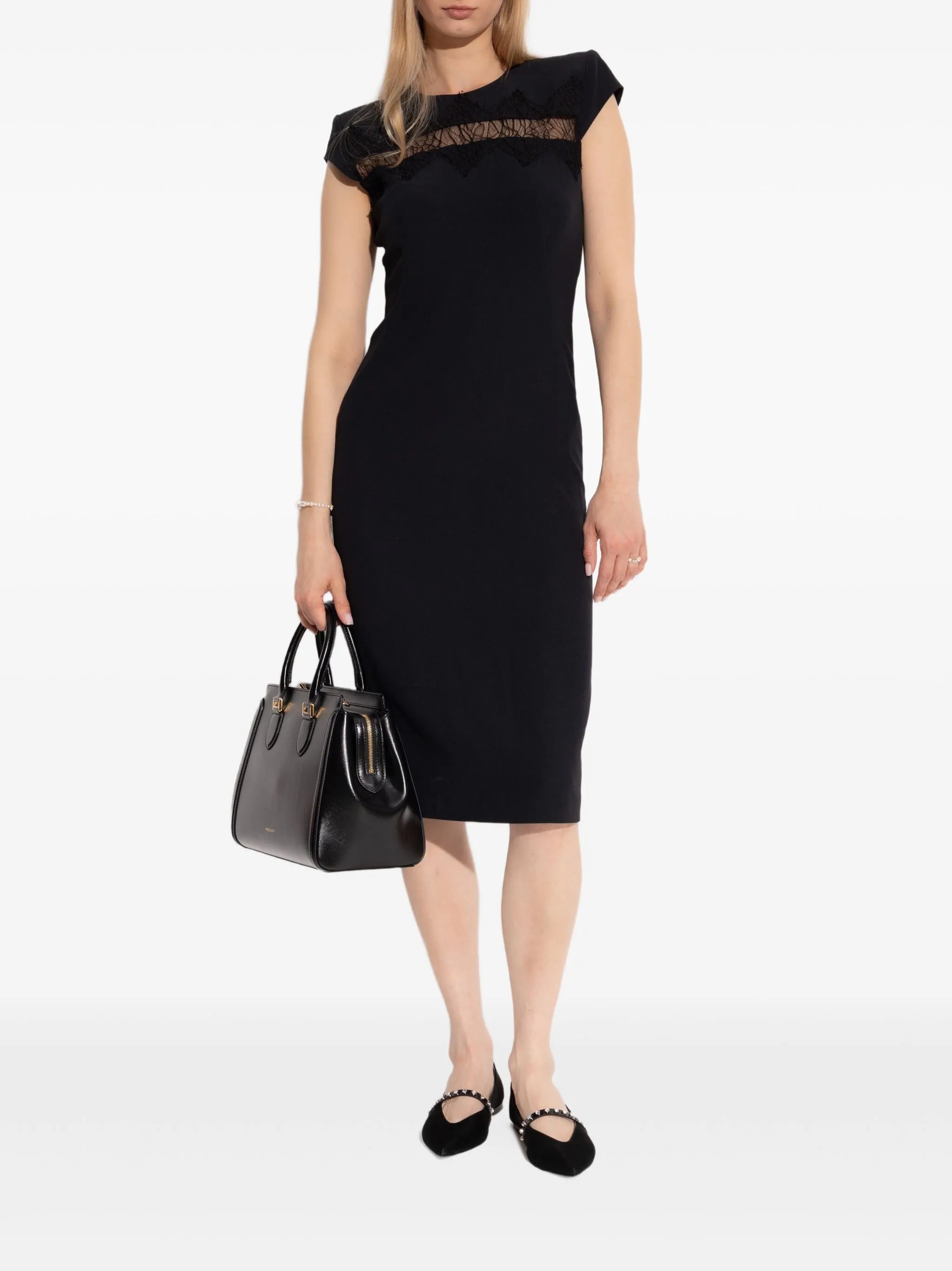 cap-sleeve lace-embroidered midi dress
